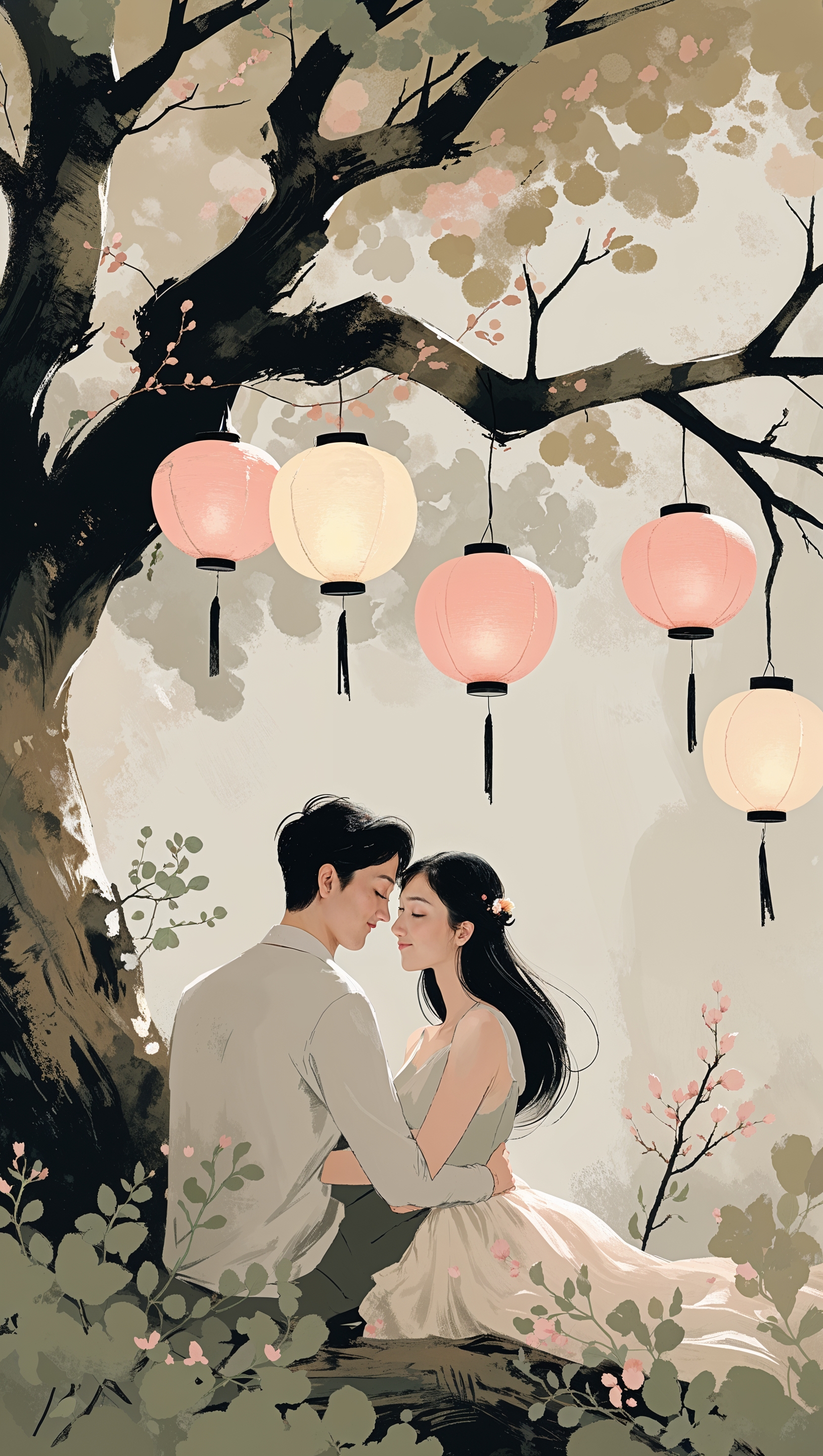 Couple sitting under a tree with lanterns, romantic minimalist art