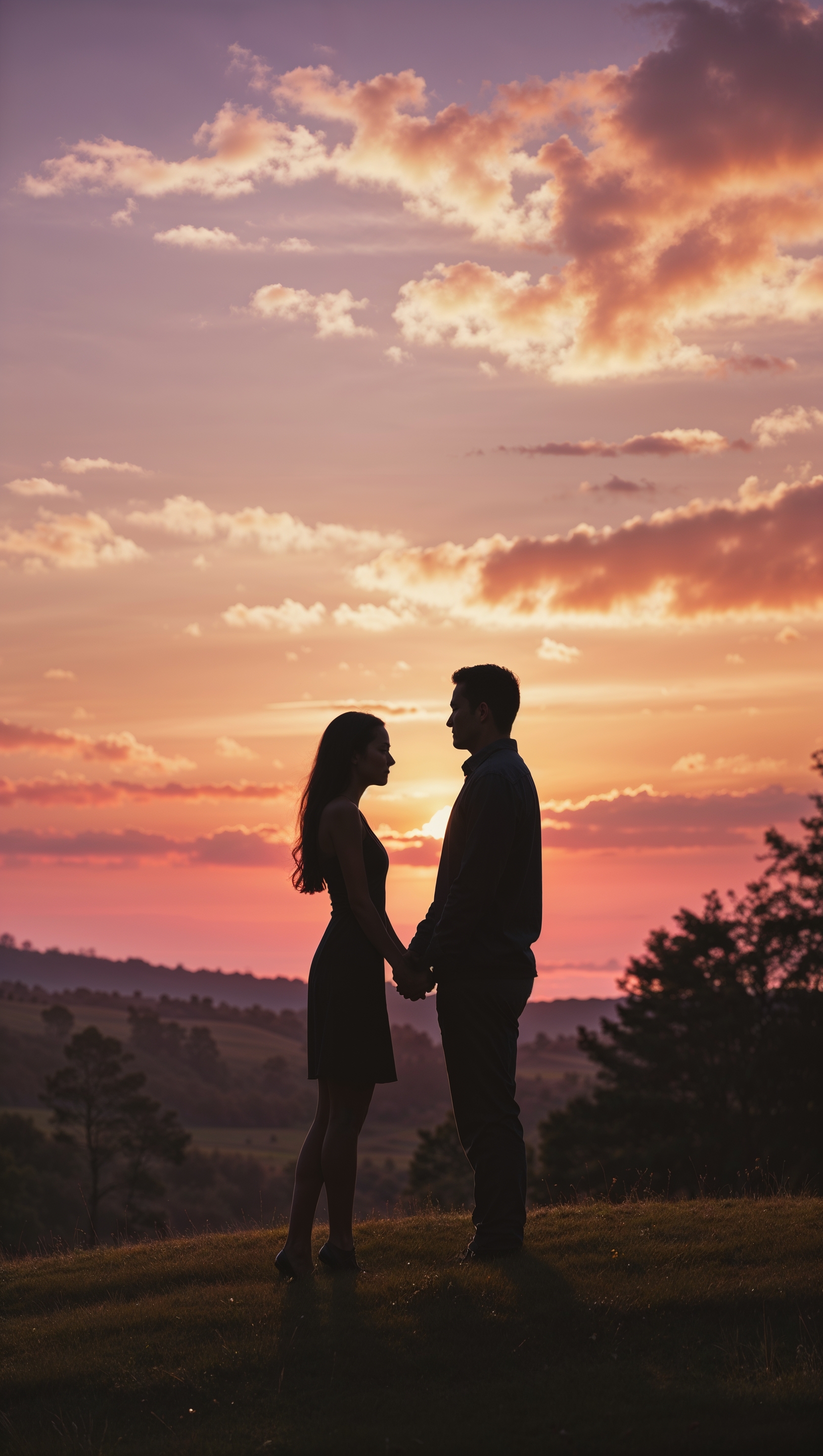 Romantic sunset sky with two silhouettes holding hands on a hill