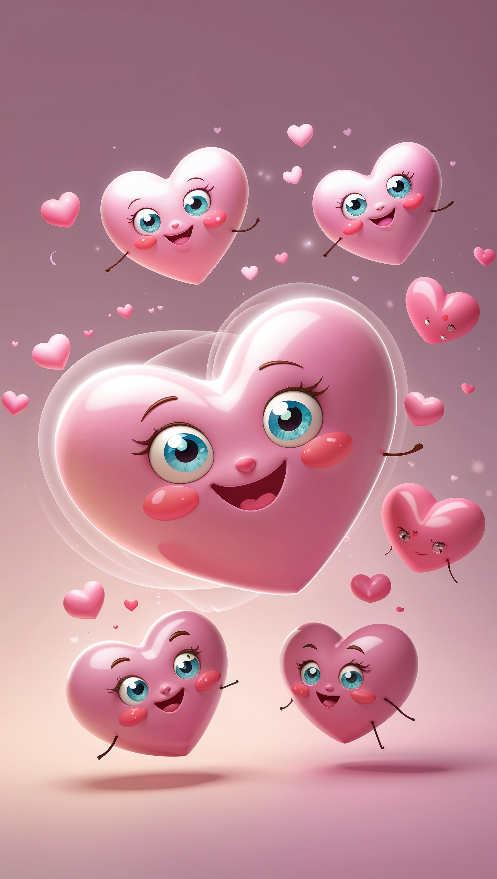 Cute cartoon hearts with faces floating around a pink background