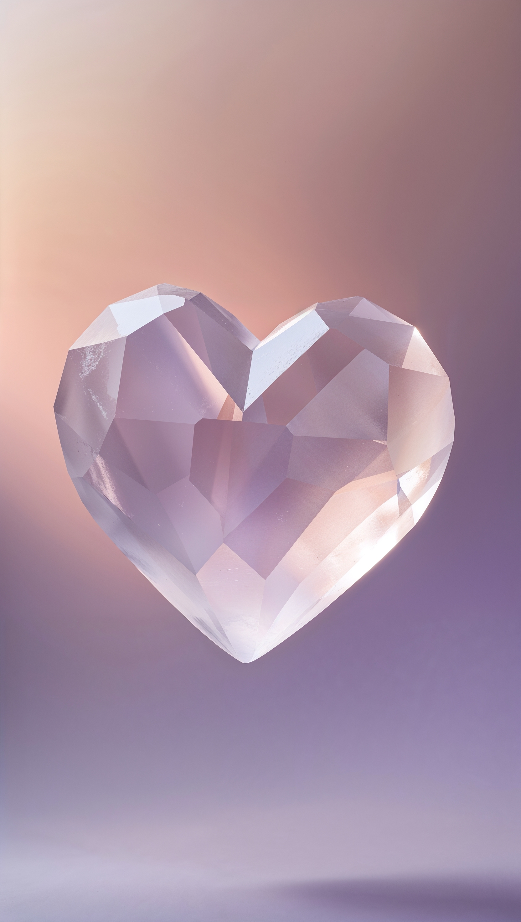 Heart-shaped crystal glowing on smooth pastel gradient