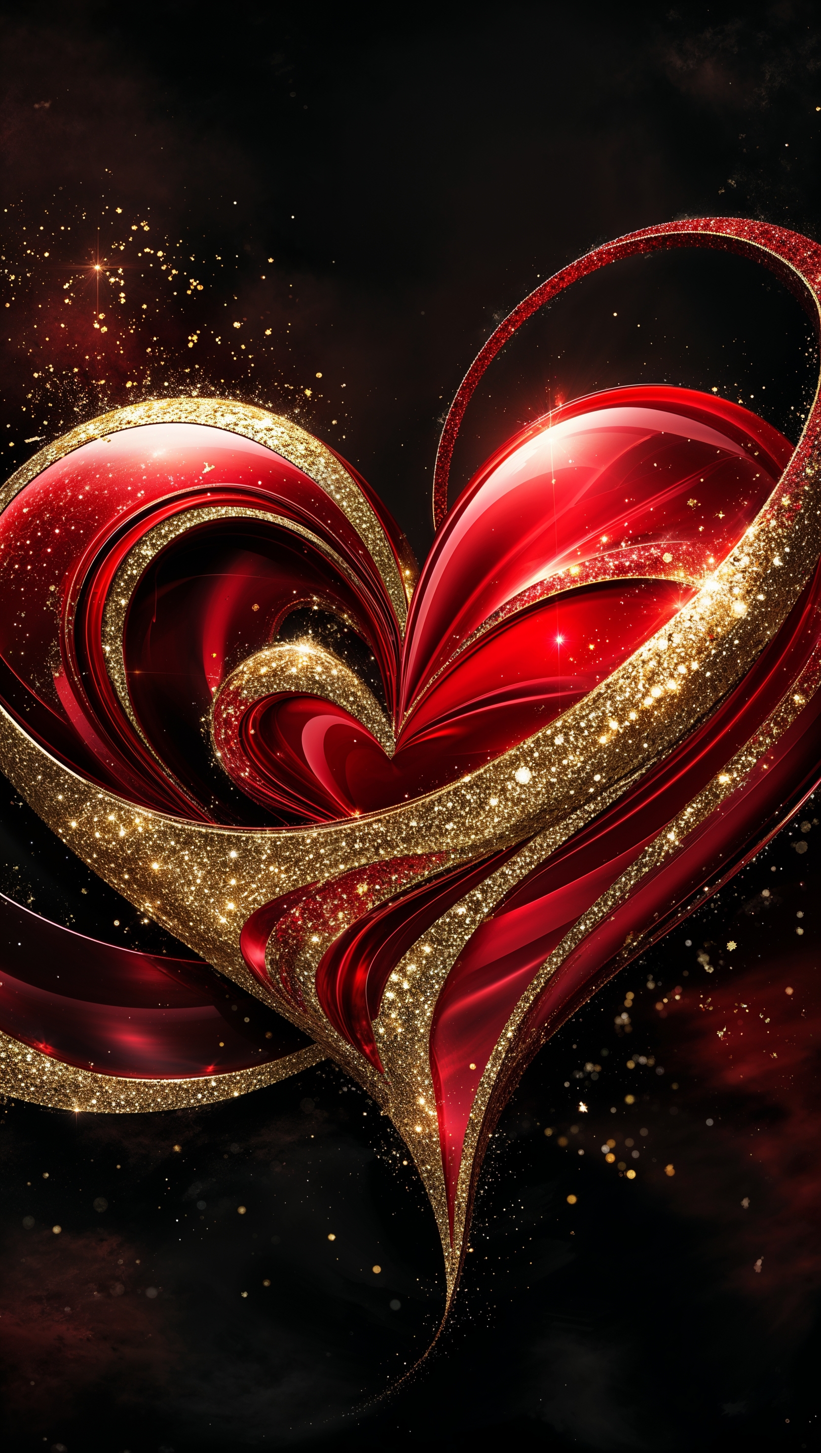 Red and gold abstract heart with glitter effect on dark background