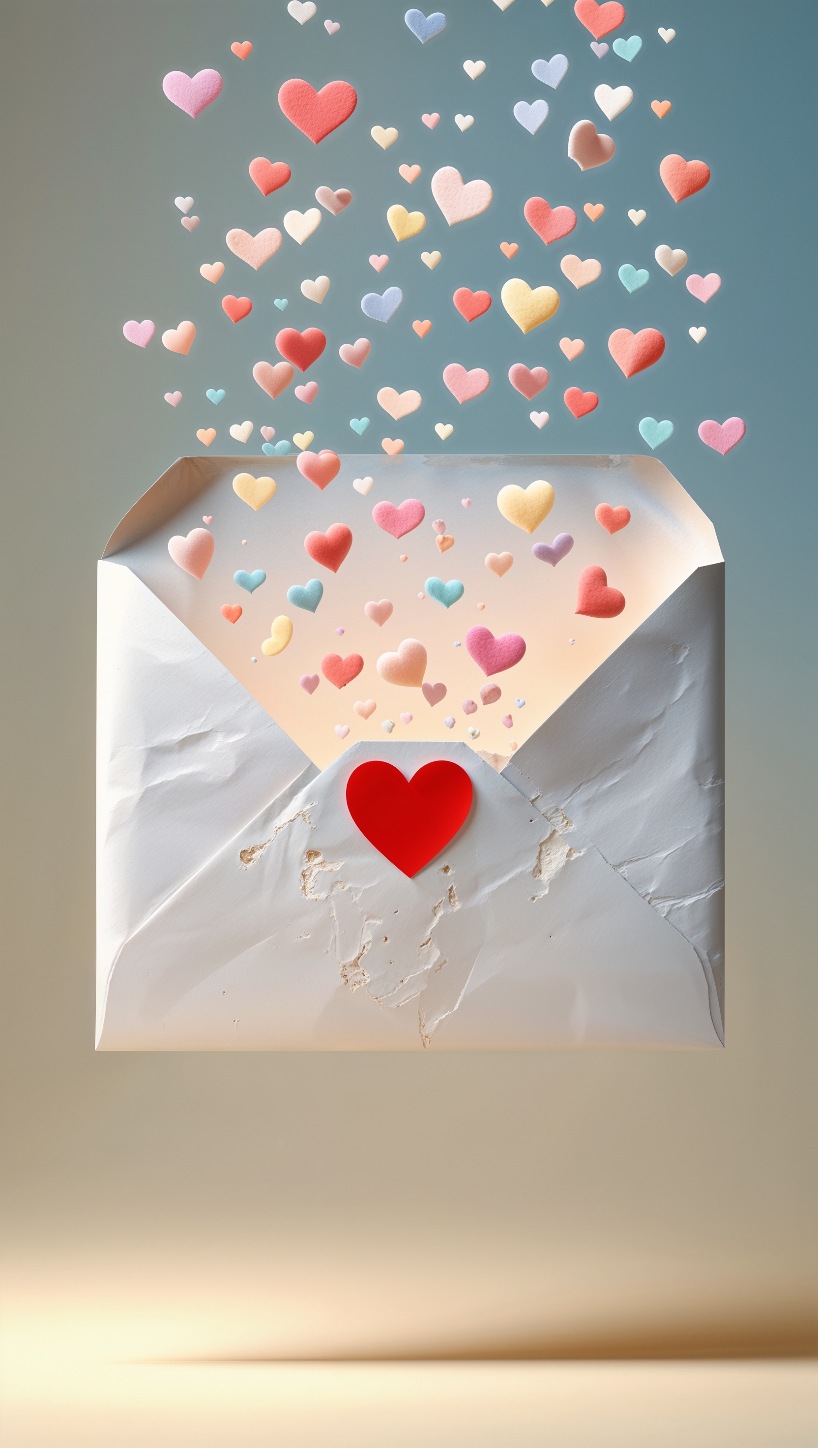 Envelope with heart sticker opening and hearts floating out