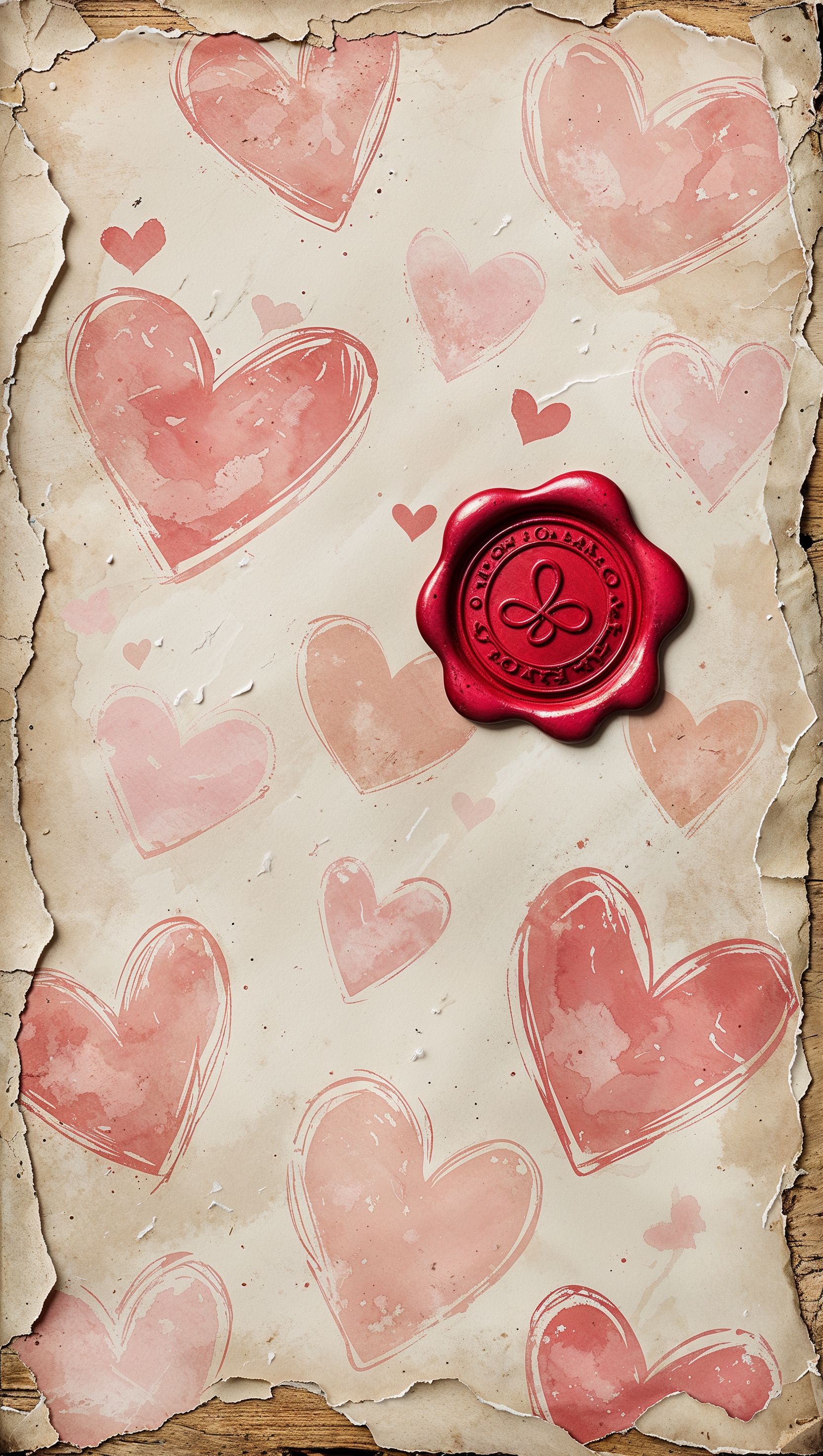 Vintage love letter texture with red wax seal and faded hearts