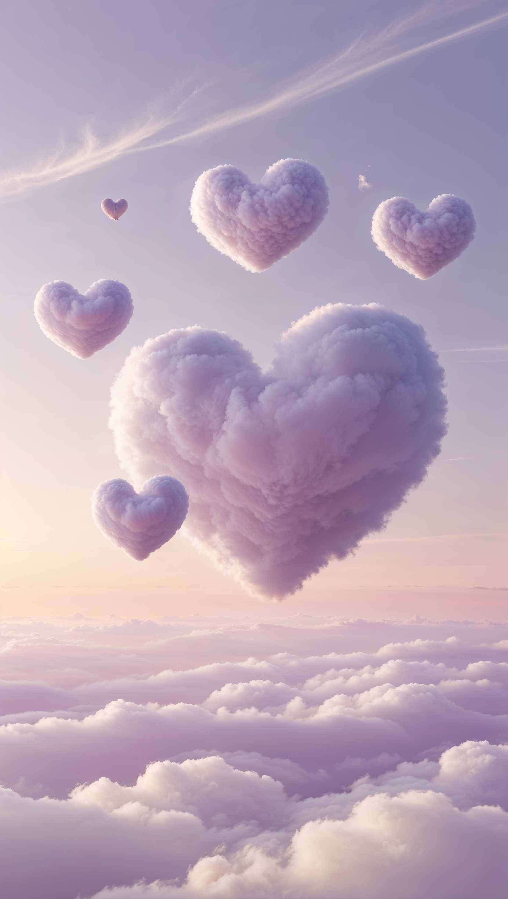 Cloud-shaped hearts floating in a dreamy pastel sky