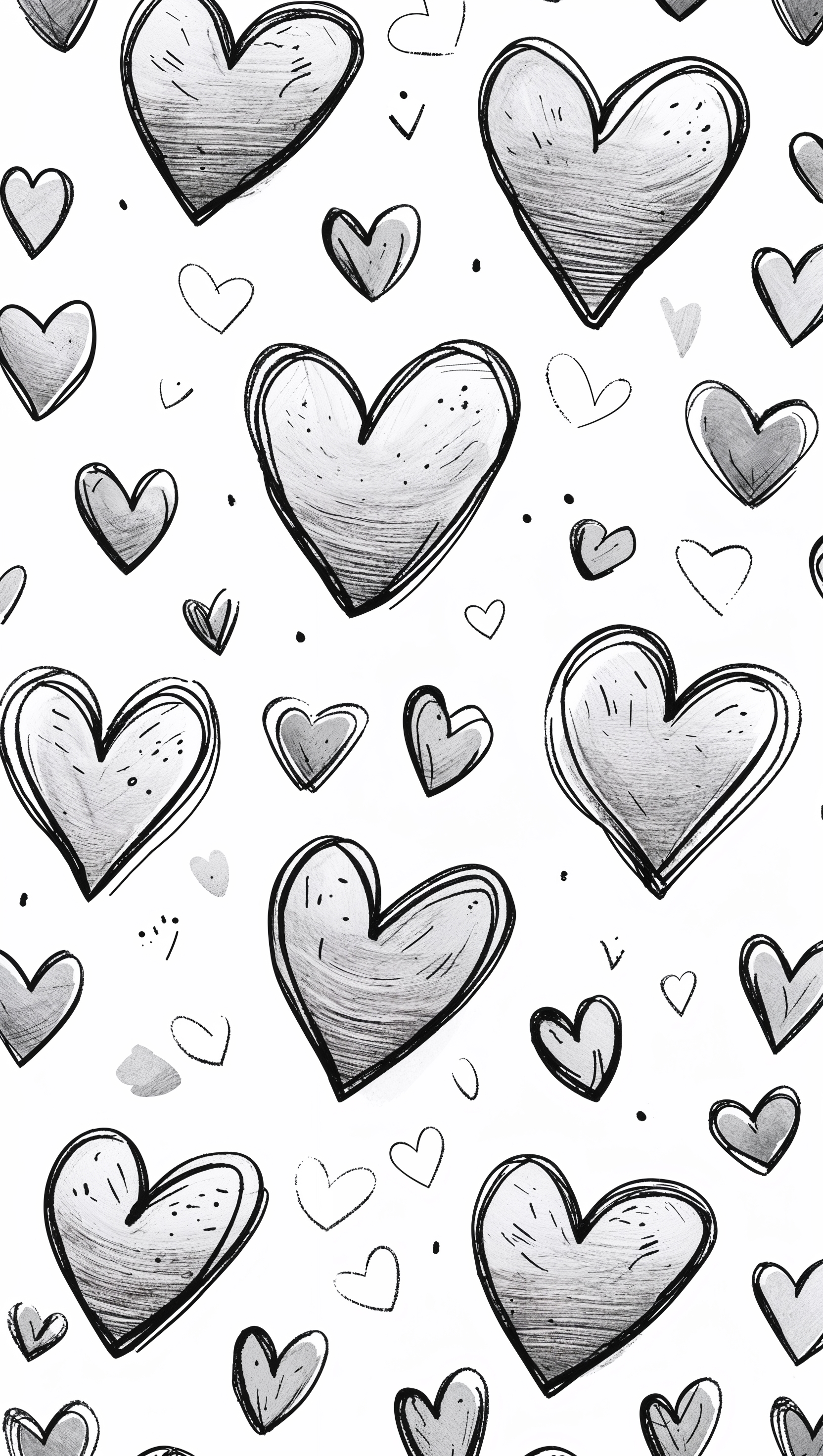 Hand-drawn doodle hearts in black and white, cute and simple