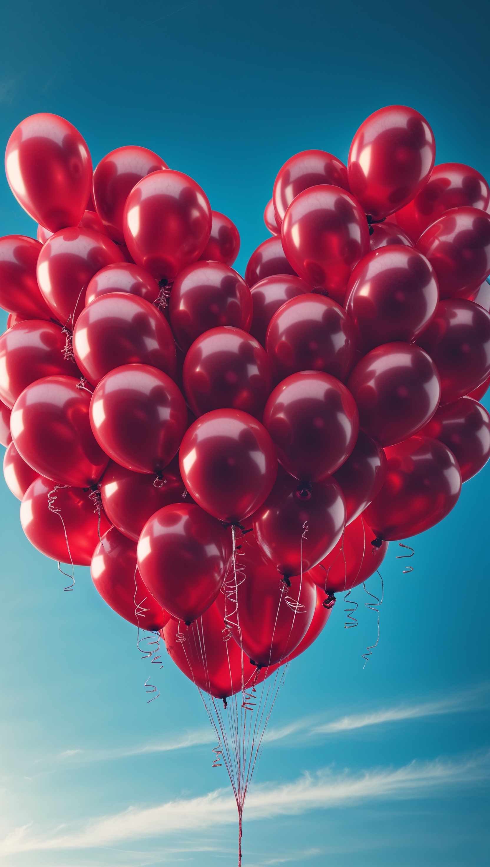 Floating red balloons in heart shape against clear blue sky
