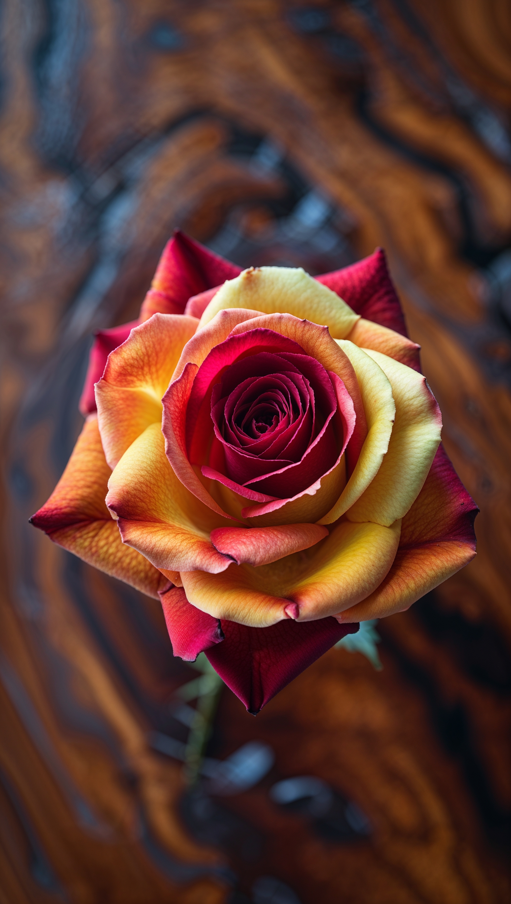 Overhead view of three-tone rose (red, yellow, orange), on dark wooden surface