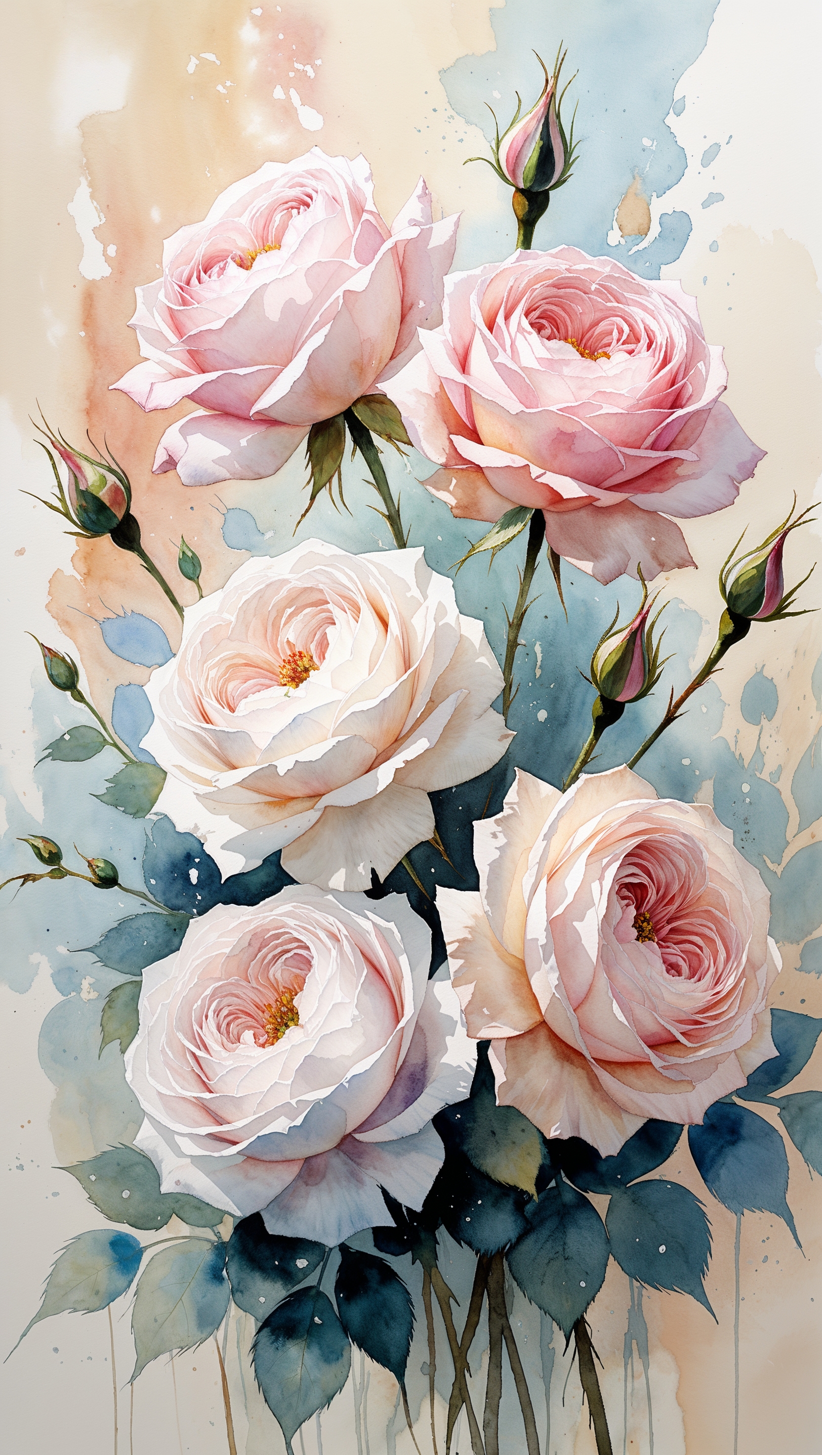 Watercolor painting of blooming roses in soft pastel palette, vertical format