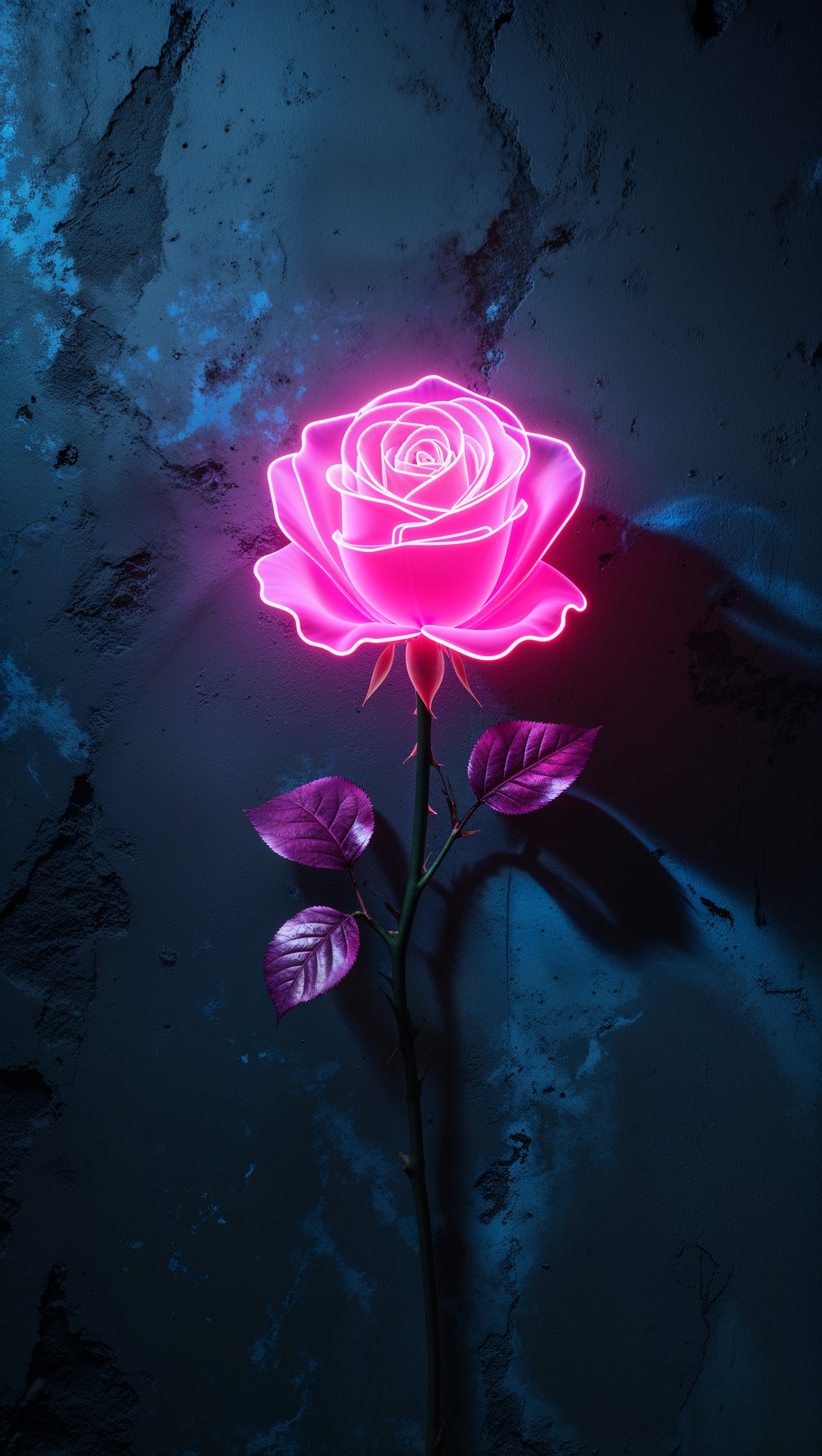 Neon rose glowing in blue and pink on textured dark concrete wall