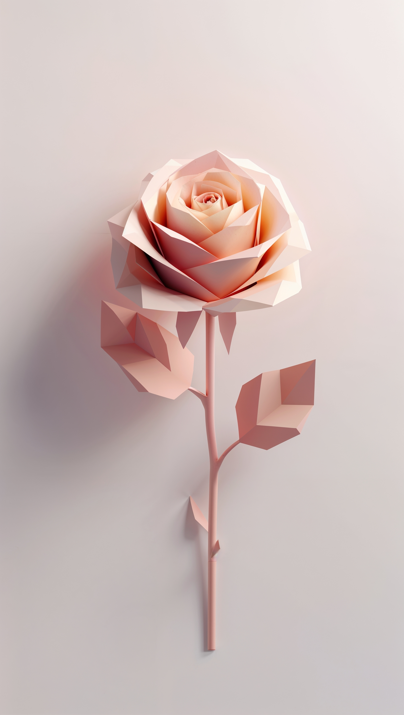 Low-poly 3D rose in soft peach tones, floating on white background