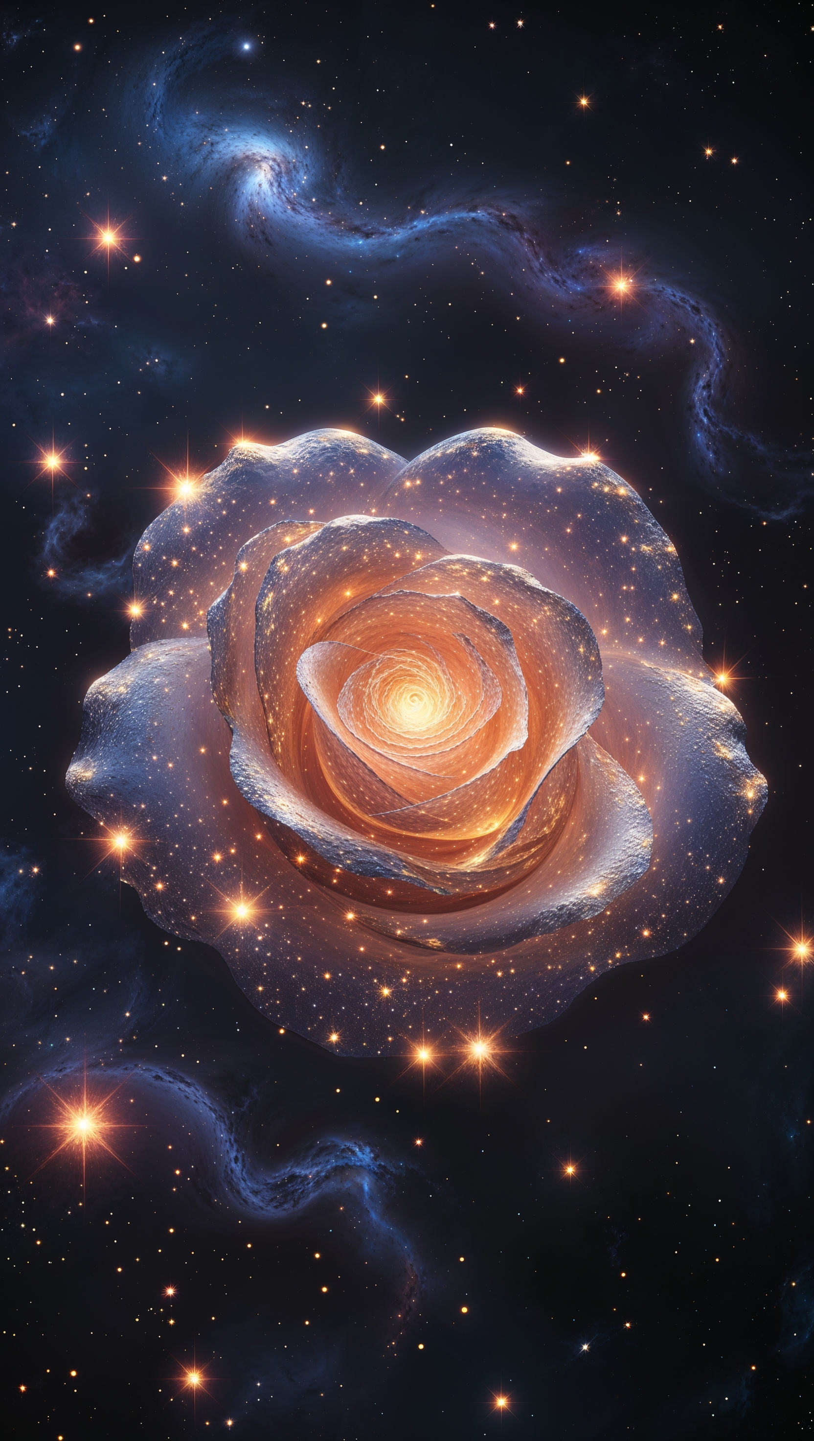 Rose-shaped galaxy in deep space with glowing stars forming petals