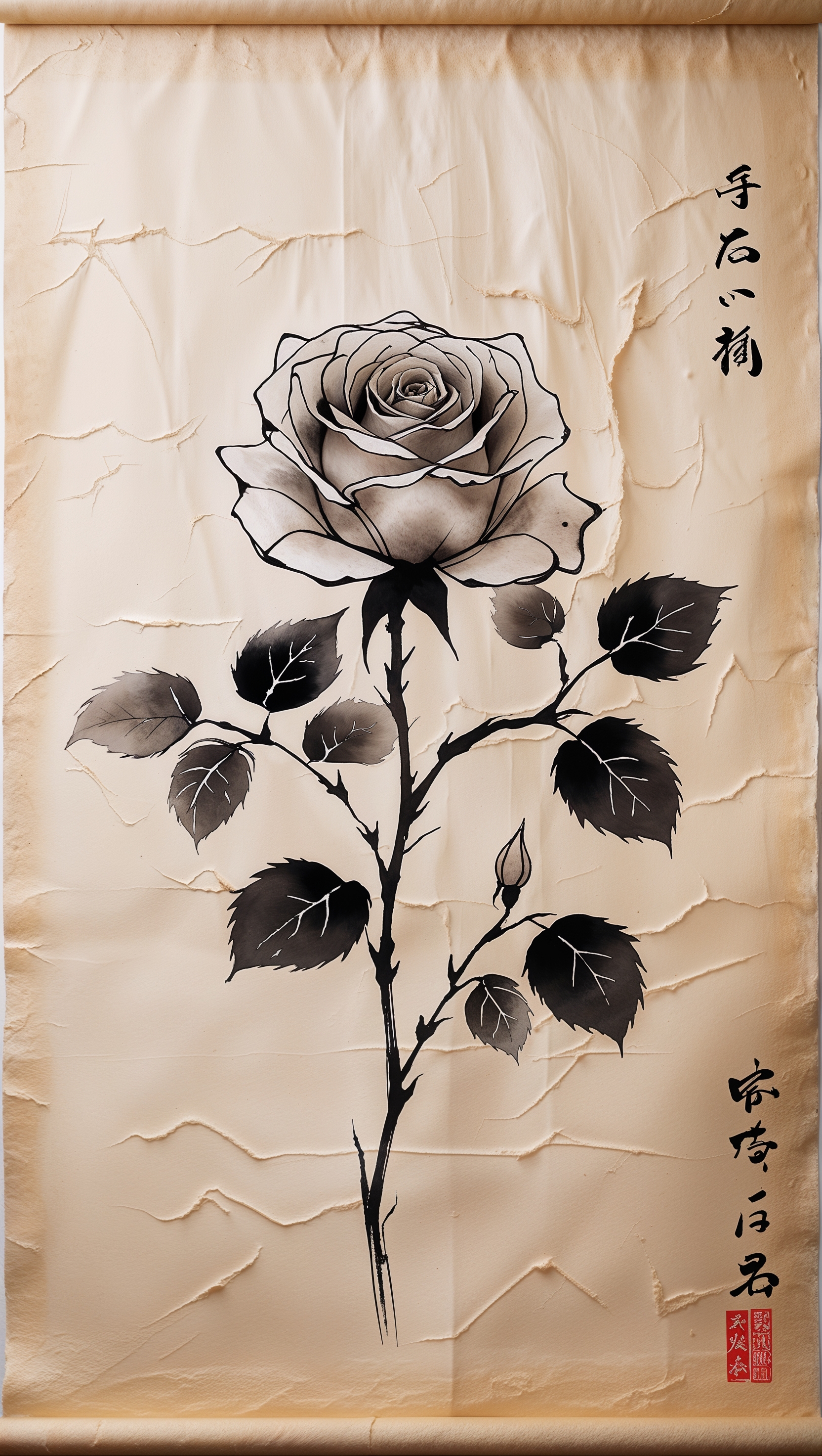 Japanese ink art style rose on rice paper texture, vertical scroll format