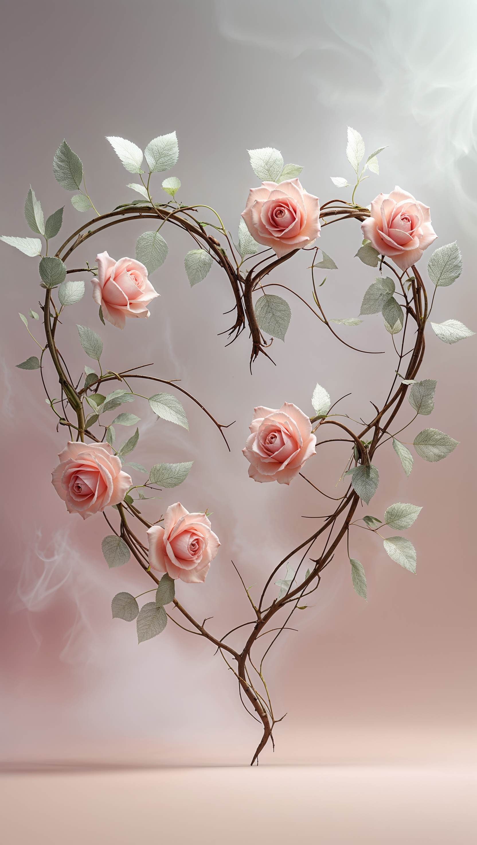 Stylized heart made from intertwining rose vines, on soft gradient