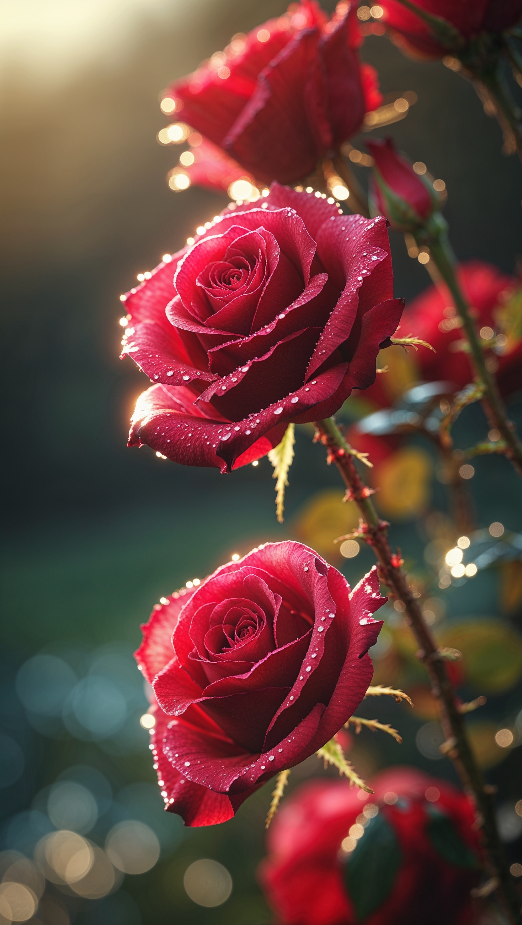 Close-up of dewy red rose petals with soft sunlight, vertical iPhone format