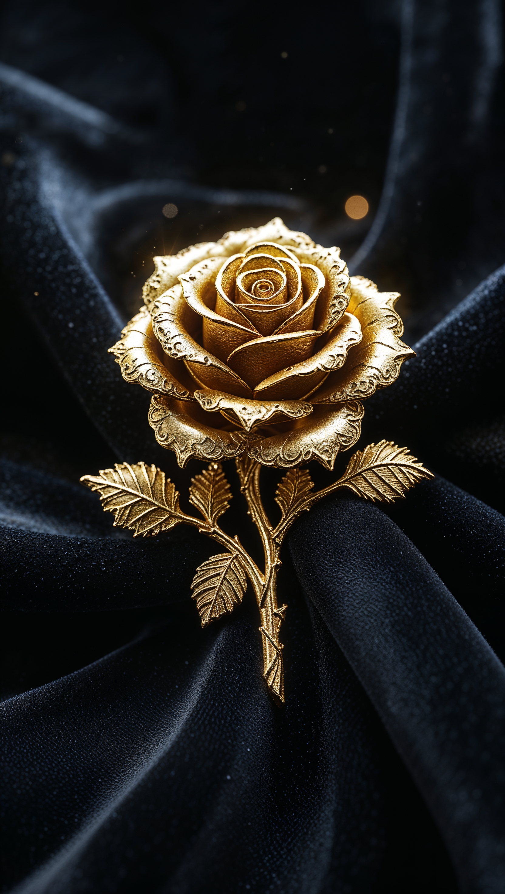 Golden embossed rose icon centered on black velvet texture background