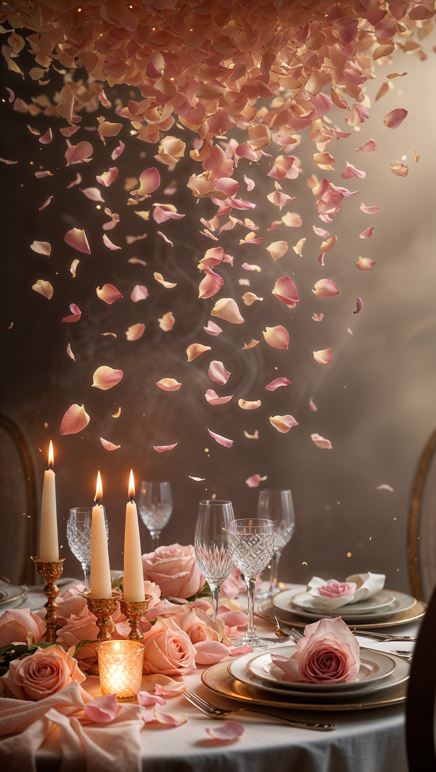 Rose petals falling in slow motion over candle-lit dinner setup