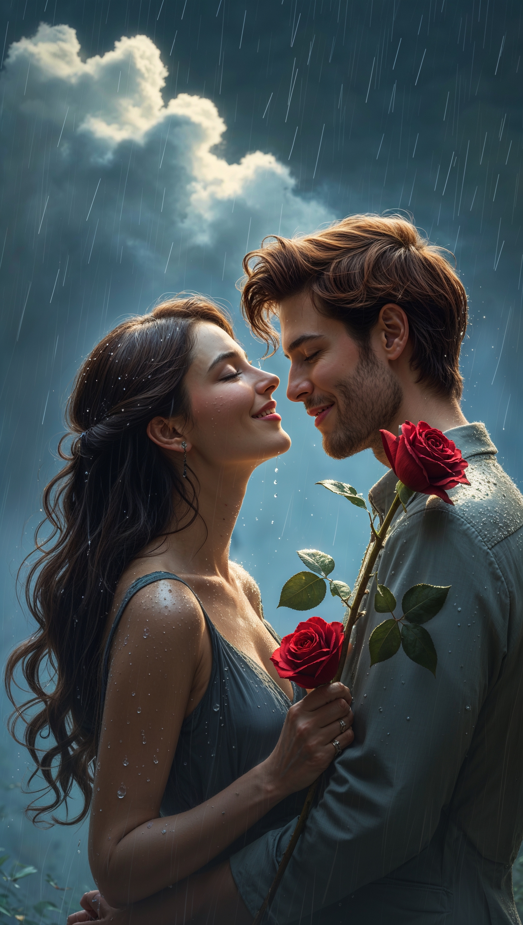 Couple holding a single red rose under a soft rainy sky, cinematic feel