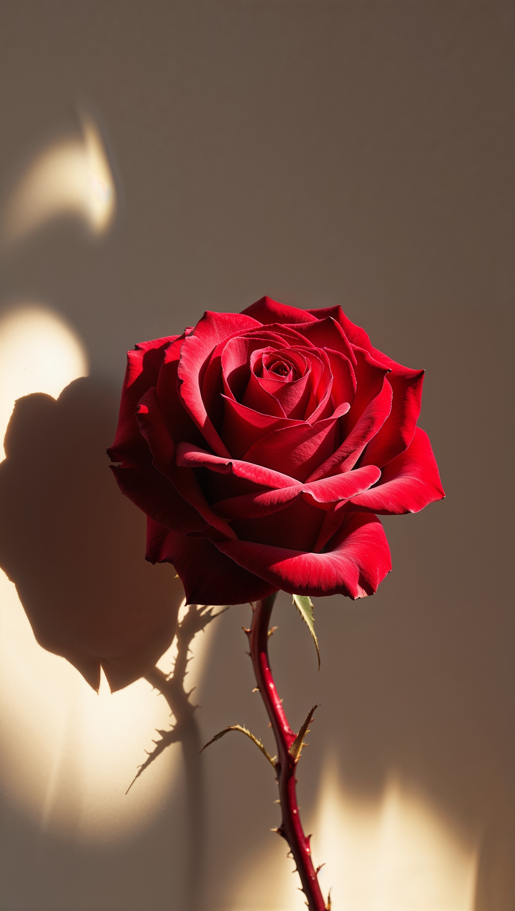 Heart-shaped shadow cast by a rose in warm evening light