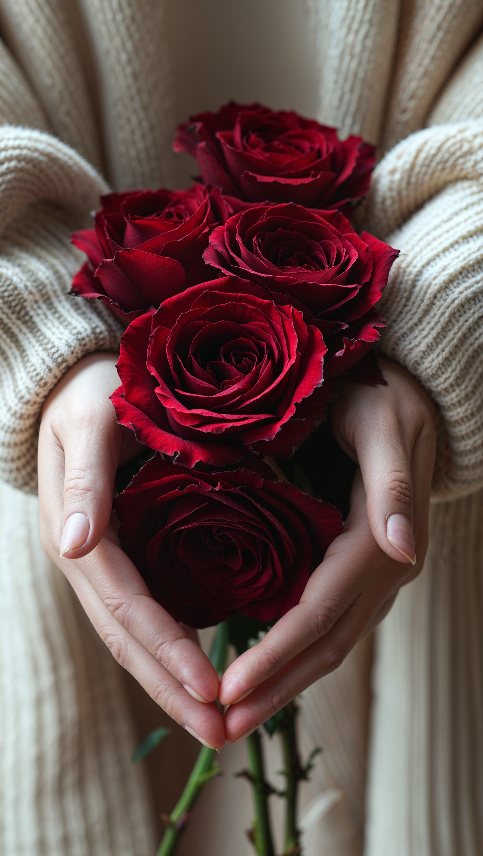 Vertical close-up of hands holding a rose bouquet, cozy sweater sleeves visible