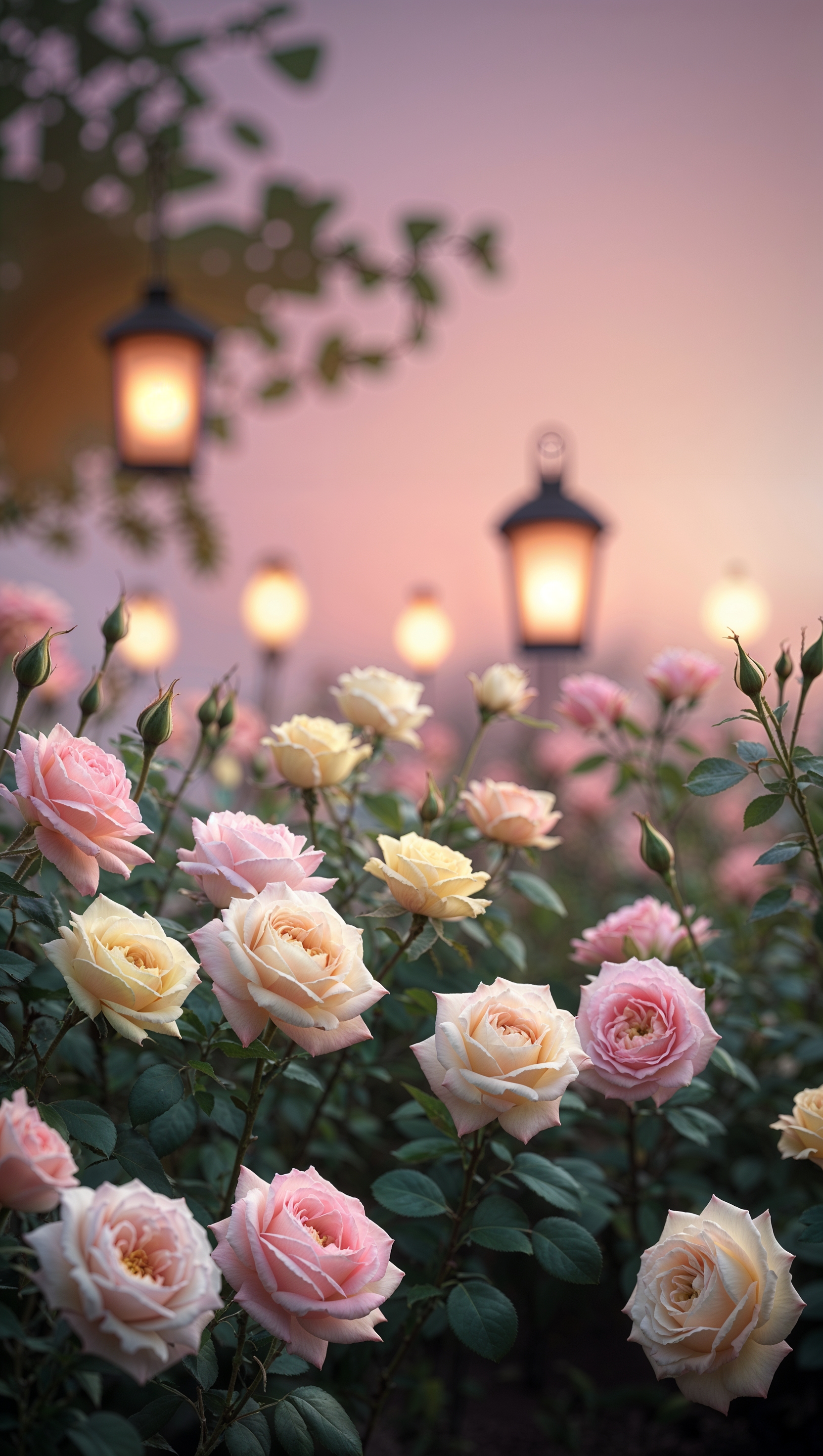 Soft-focus rose garden with blurred lantern lights in the background