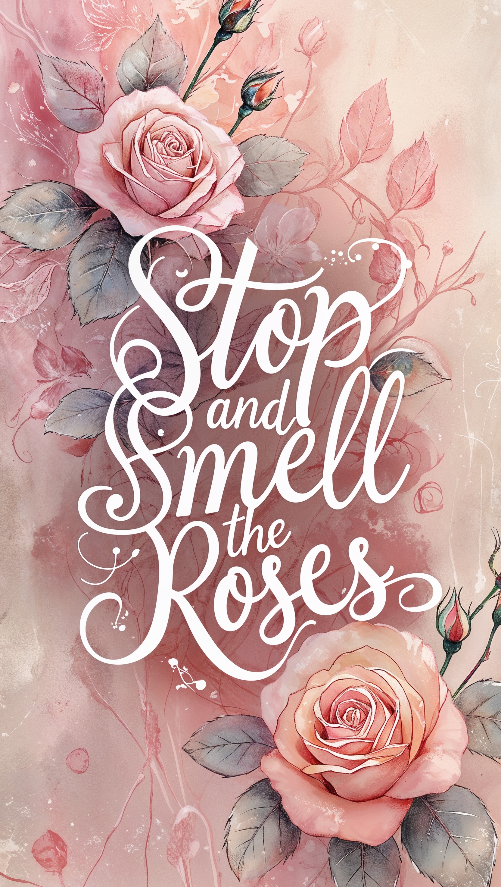 Typography: “Stop and smell the roses” over soft pink floral texture
