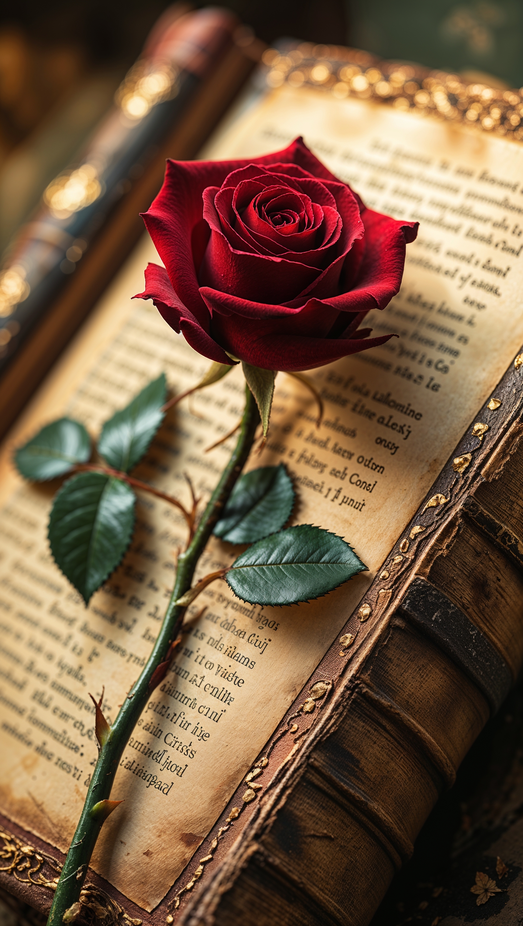 Velvet red rose resting on vintage book pages with warm tones