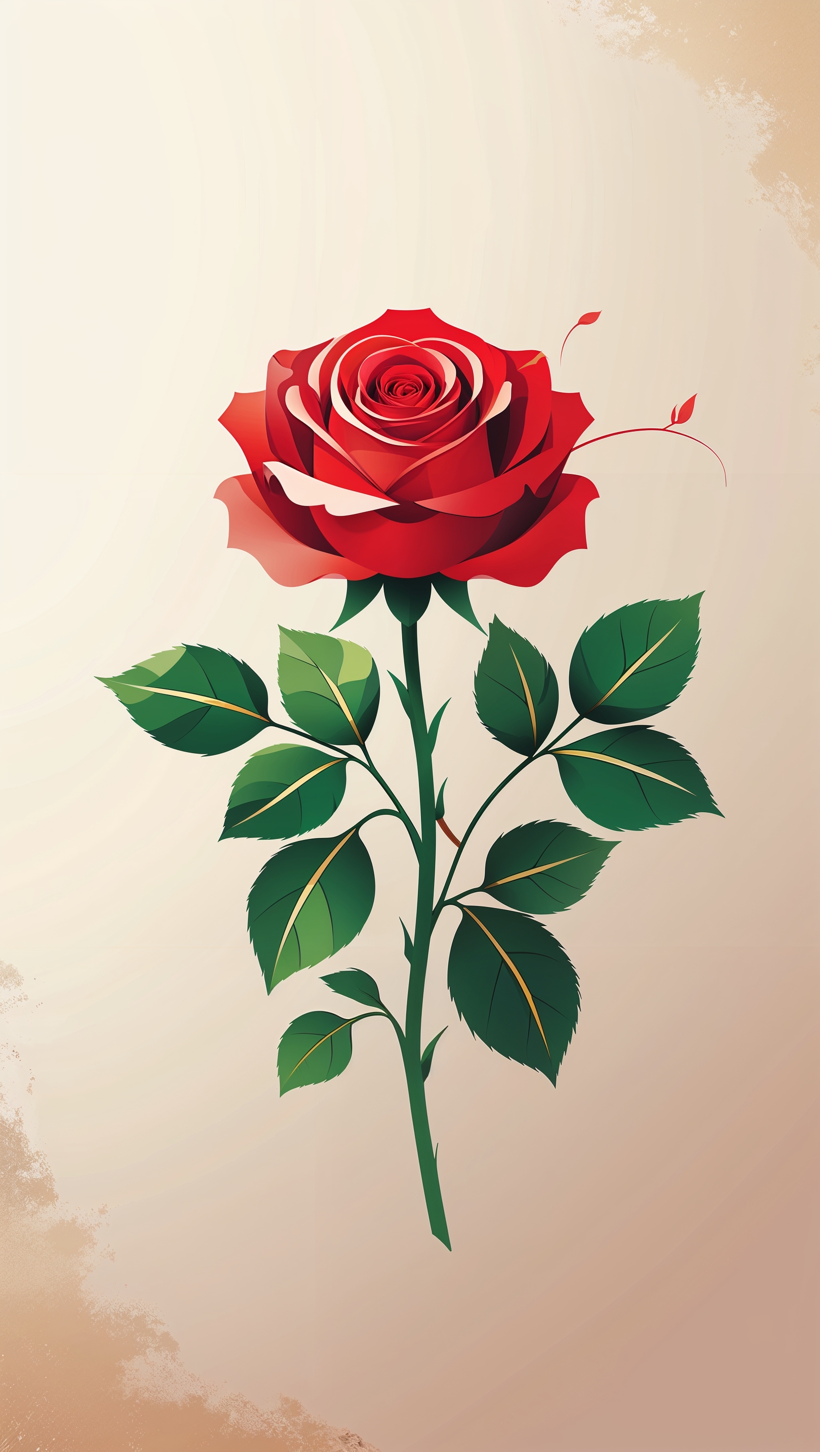 Flat vector-style red rose with green leaves, centered on pale background