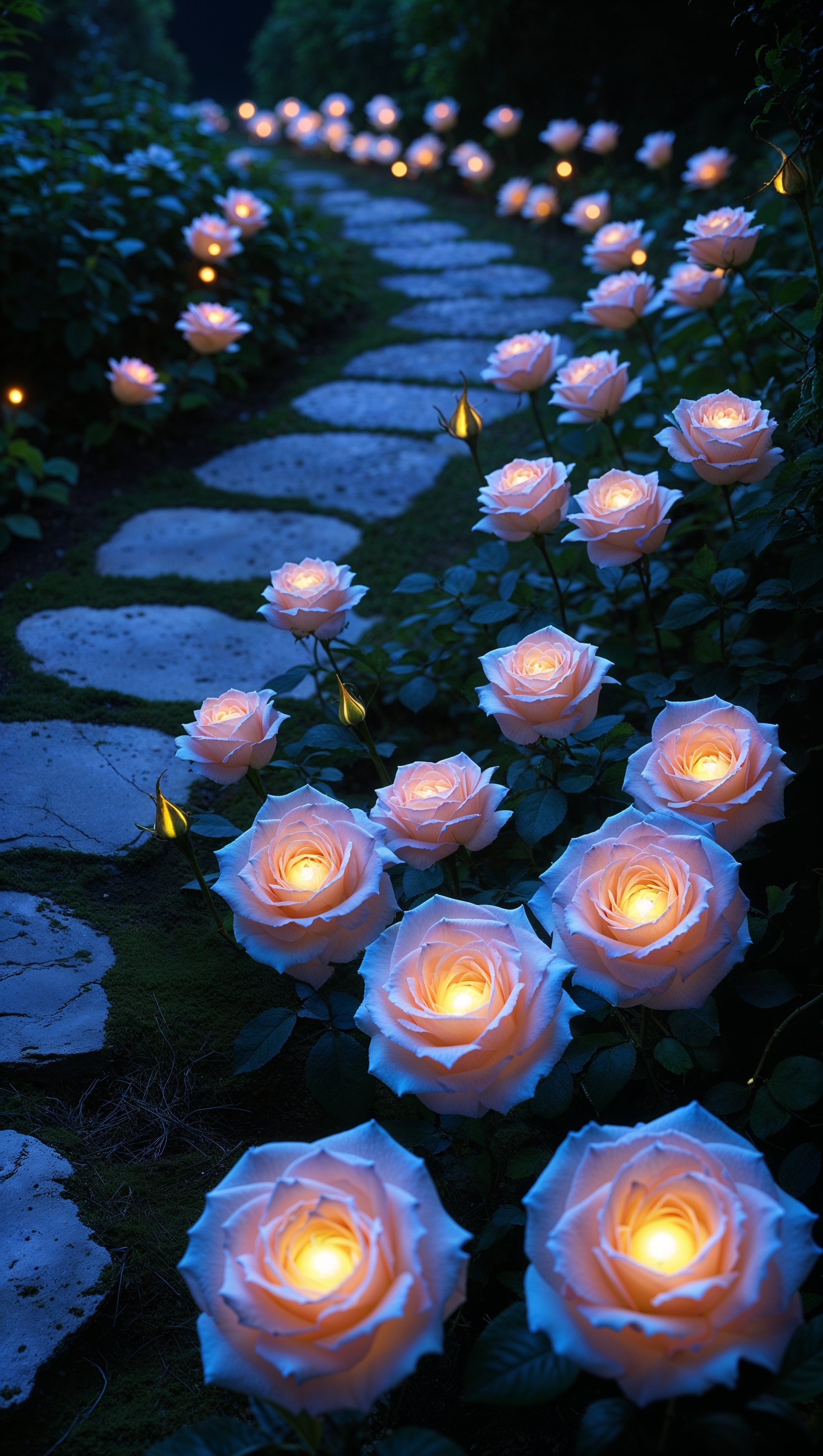Night scene with glowing roses lining a stone garden path