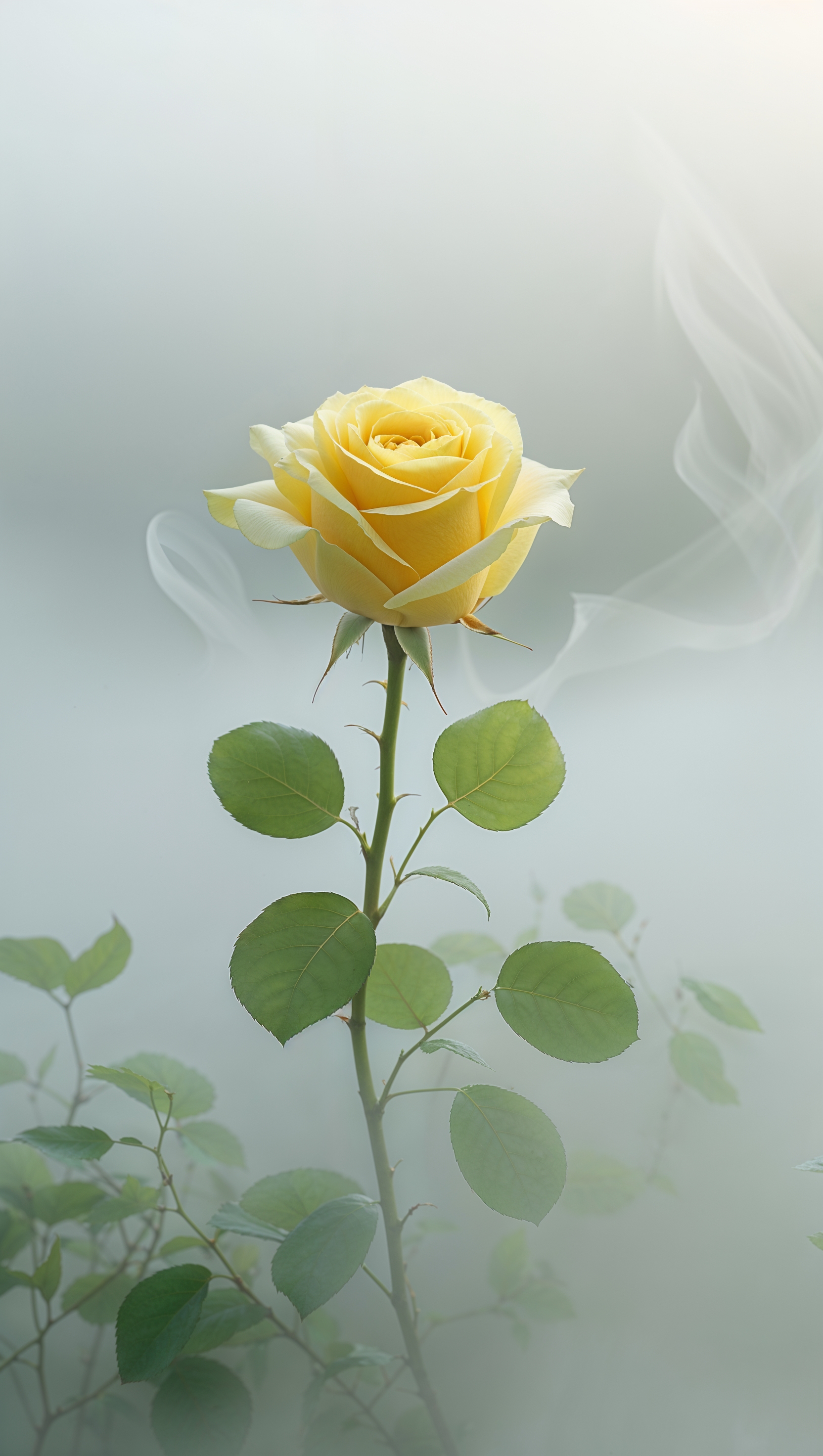 Bright yellow rose blooming in soft morning fog, minimalist background