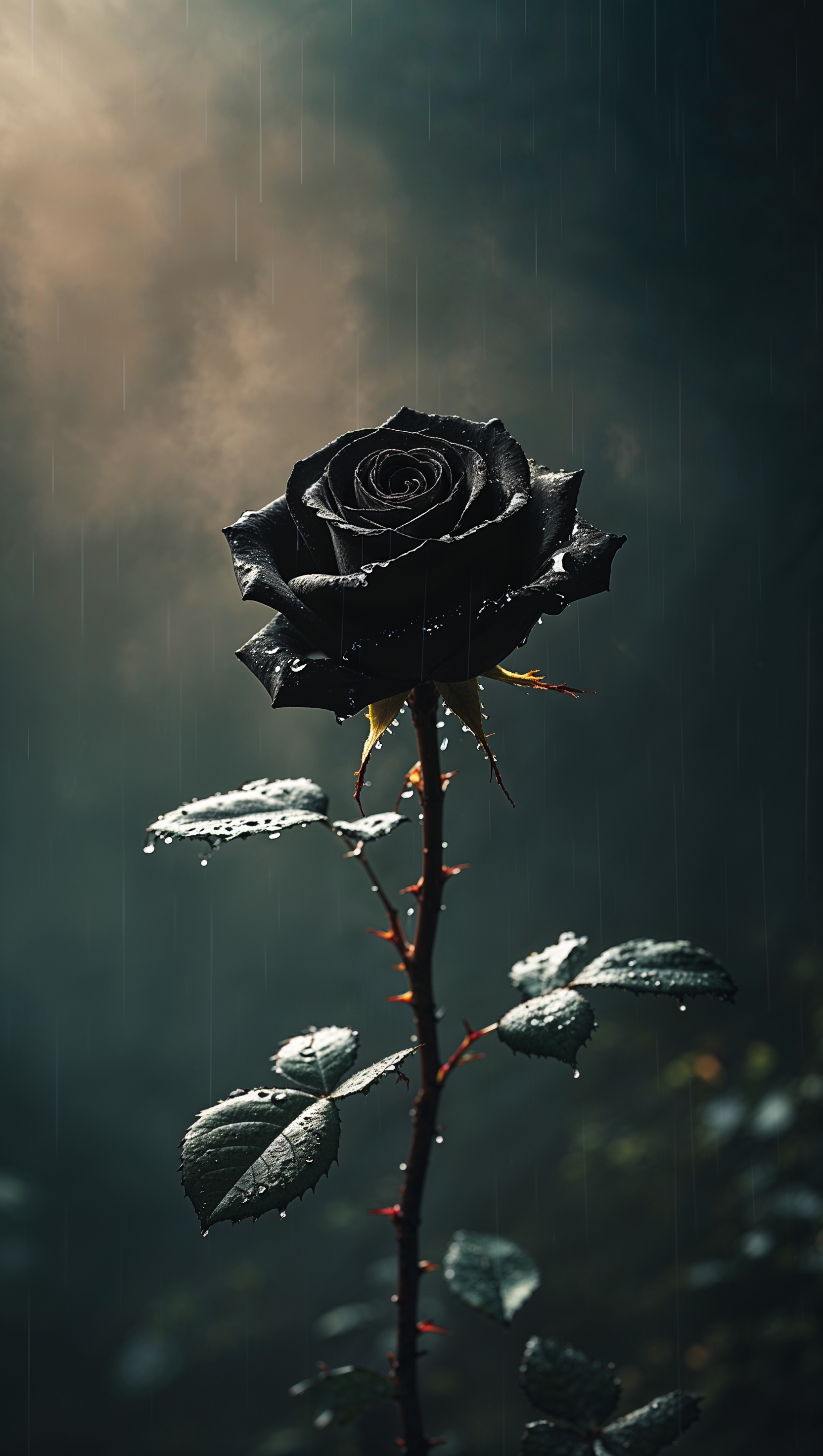Vertical layout of black rose in rain with soft lighting and cinematic contrast