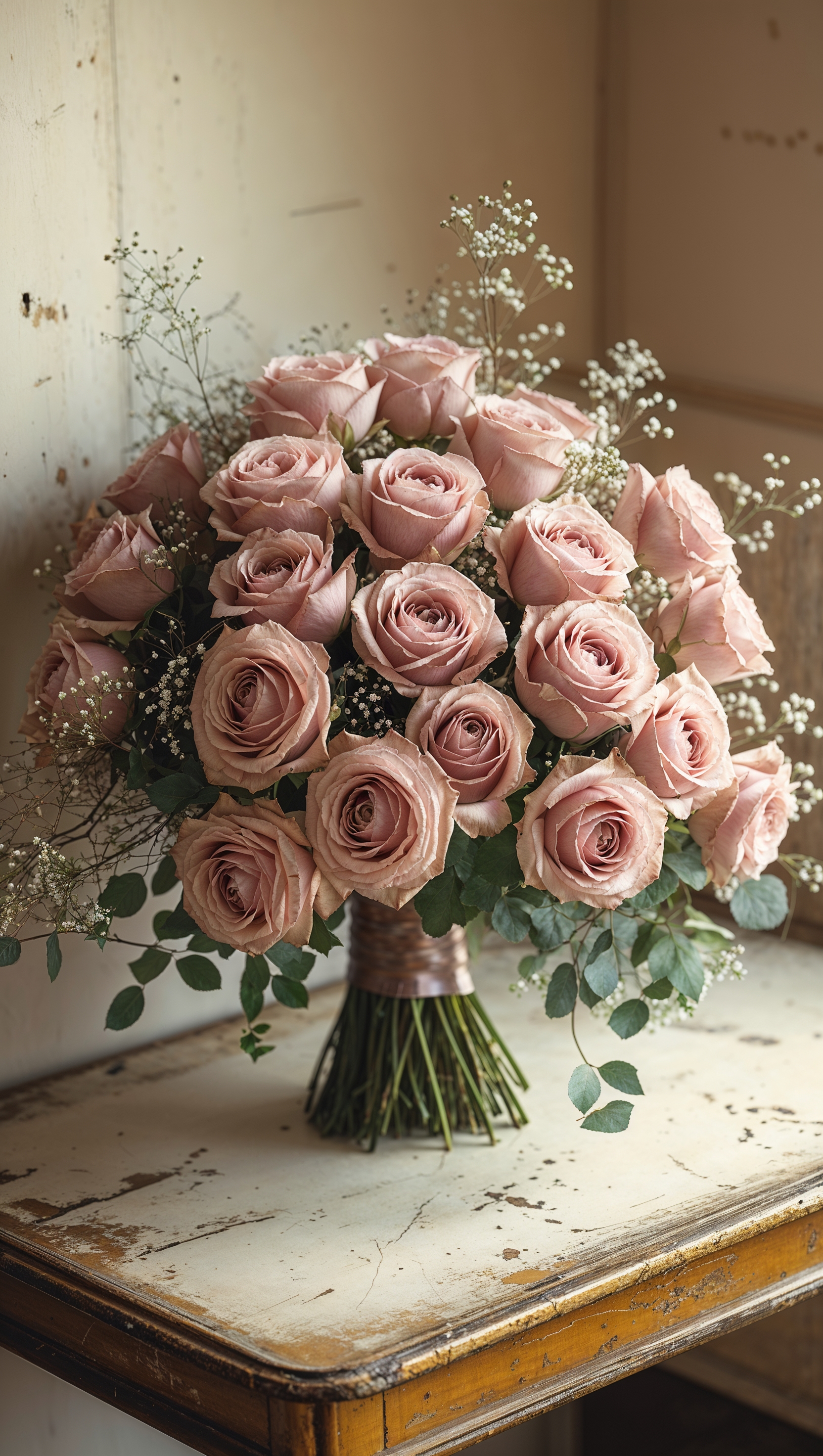 Vintage-style bouquet of dusty pink roses on a wooden table, film grain aesthetic