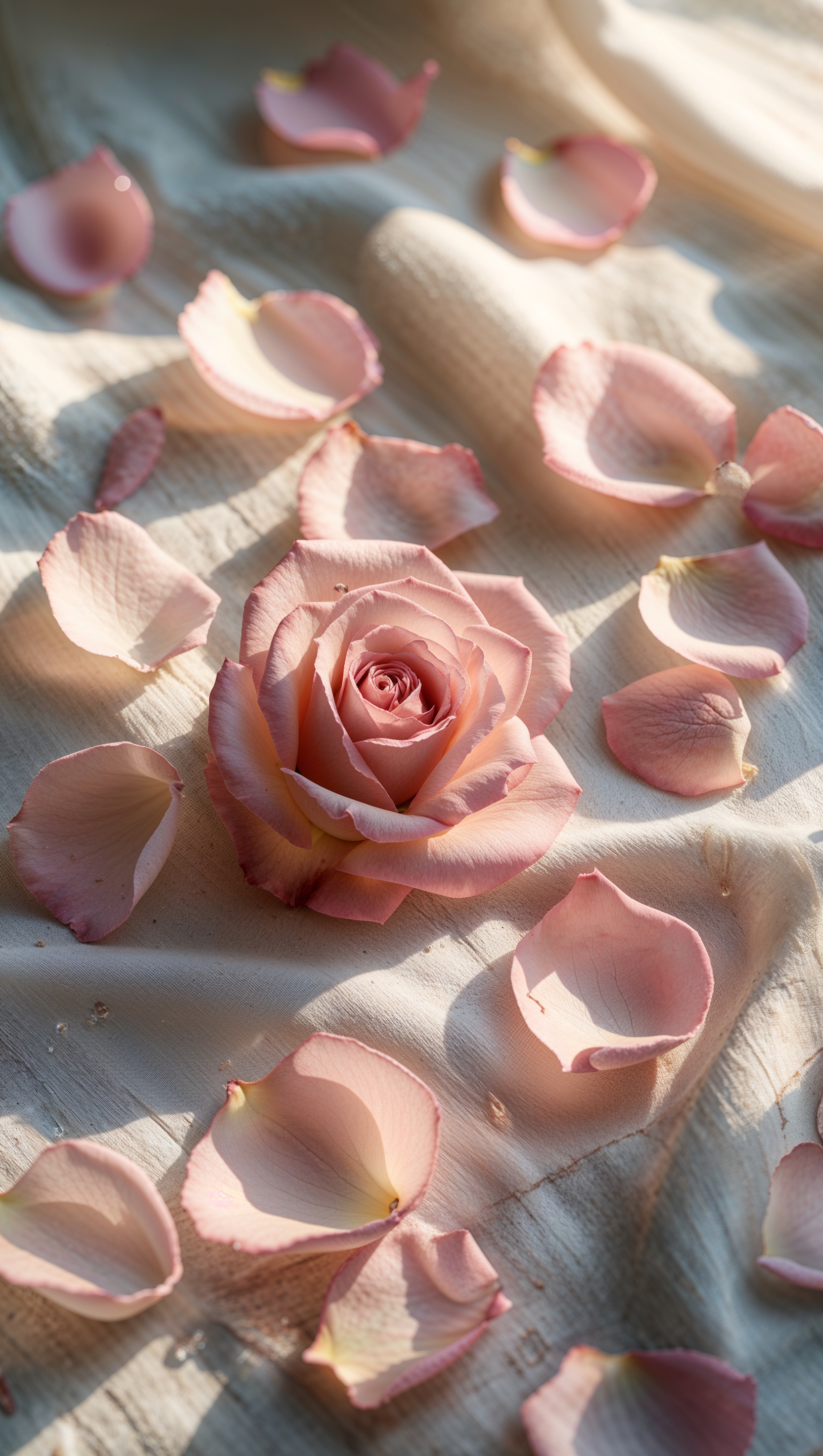 Flatlay of scattered rose petals on linen cloth, warm natural lighting