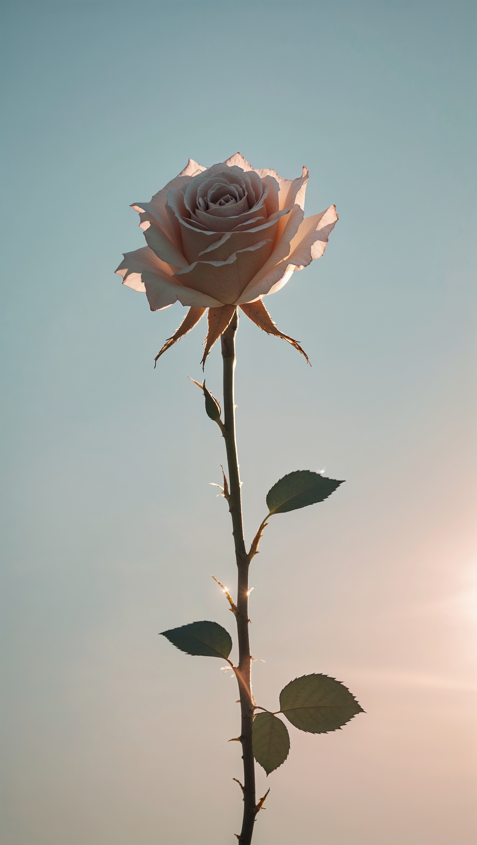 Backlit rose silhouette with glowing edges against pale sky