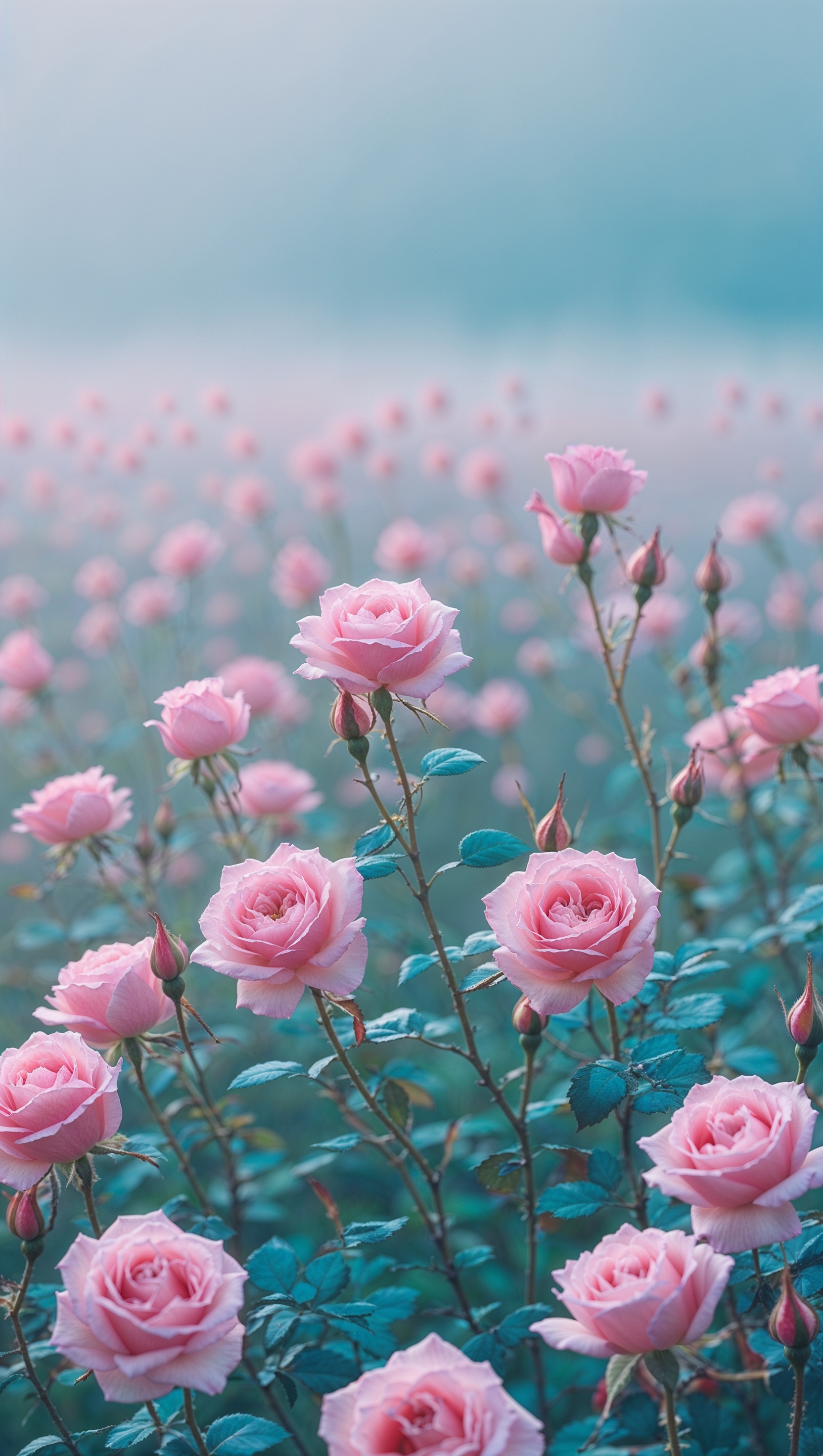 Field of wild pink roses stretching into blurred background