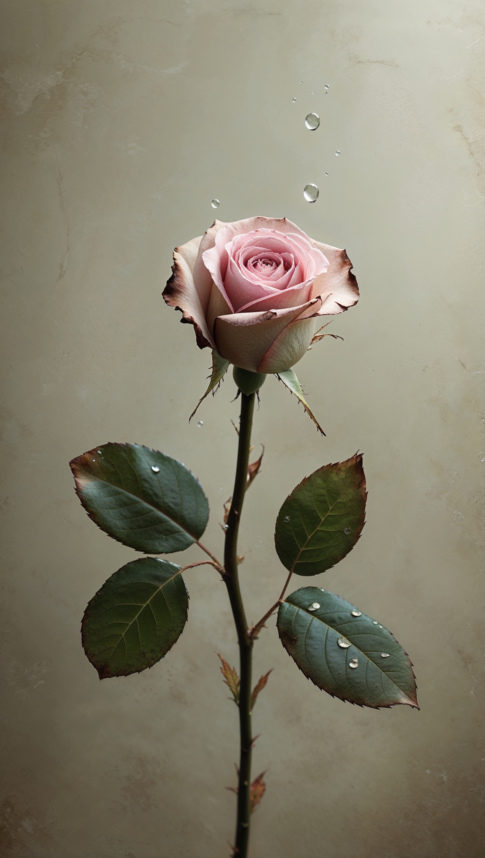 A single rose with partly wilted petals, soft melancholy feel
