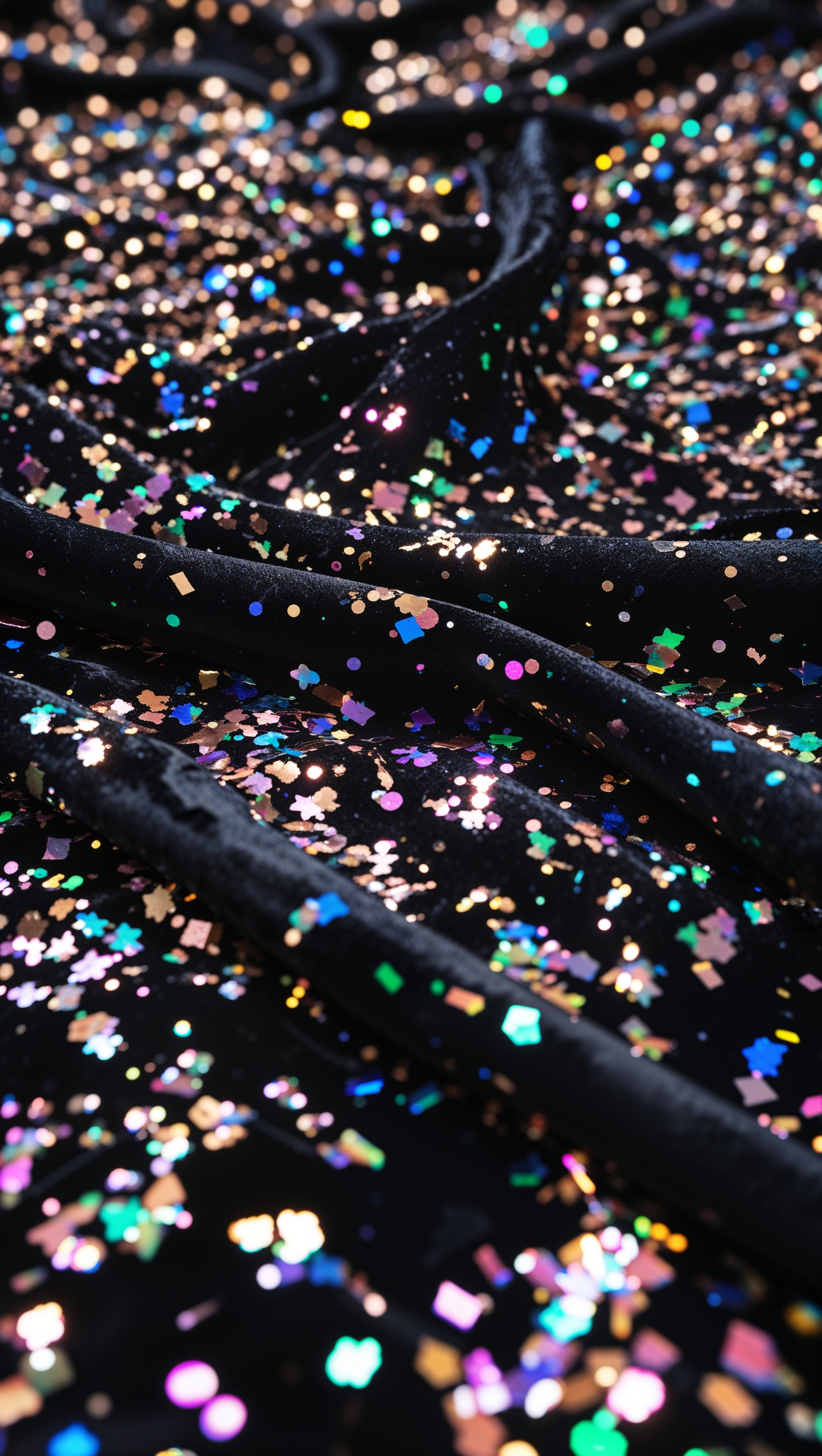 Black background with vibrant multi-color glitter, glamorous party vibe