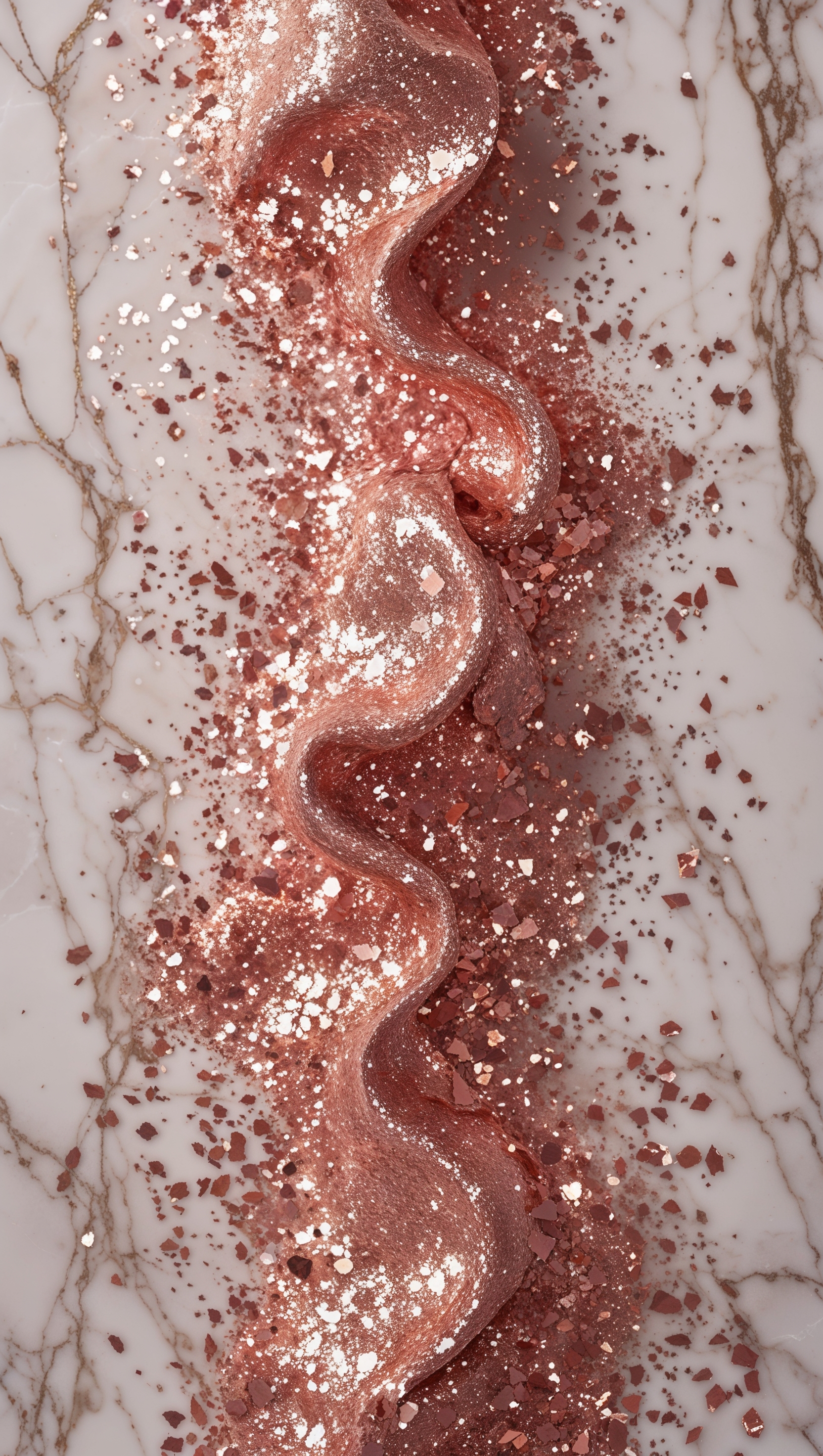 Vertical rose gold glitter shimmer on white marble background