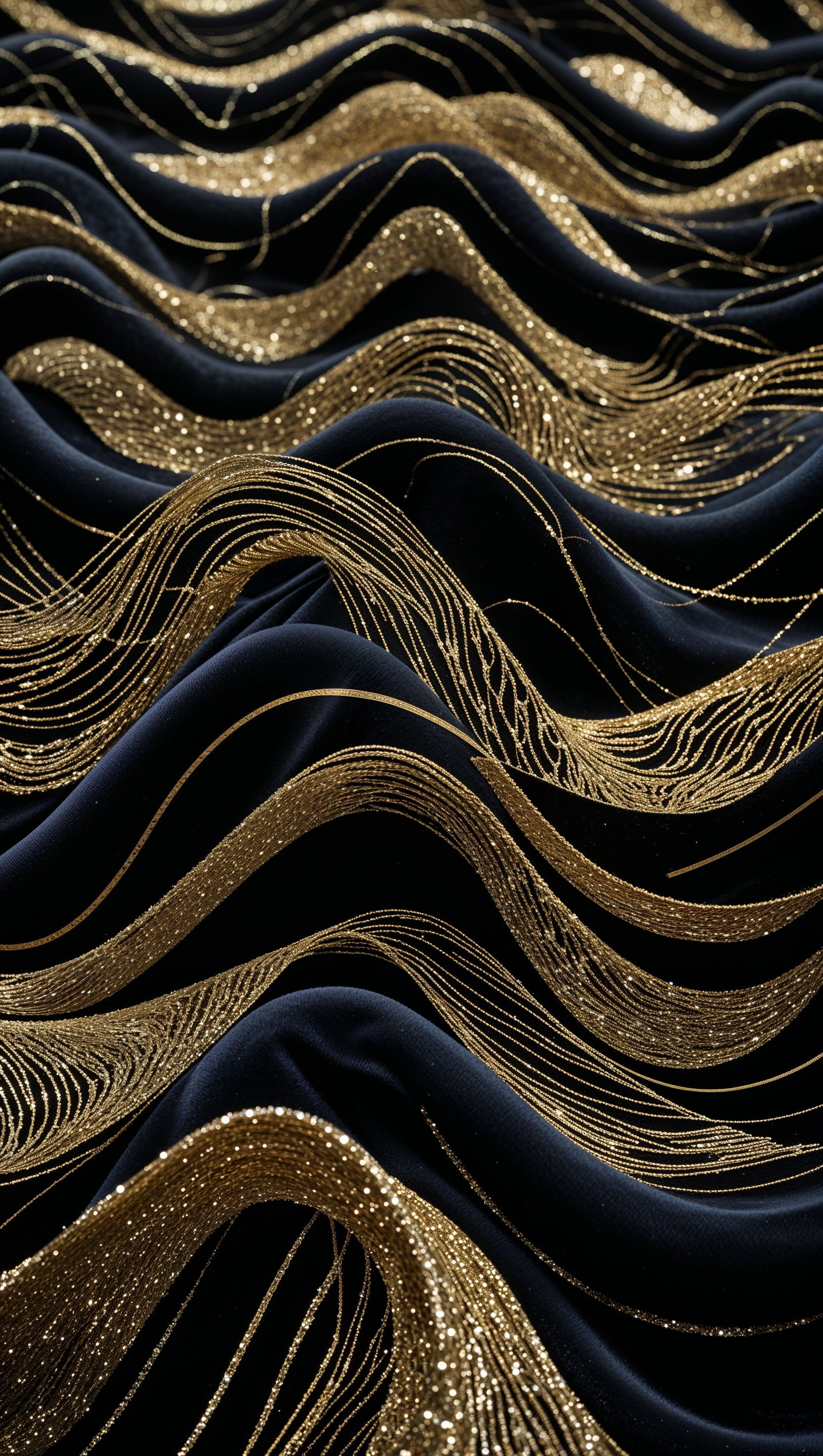 Gold glitter lines forming abstract waves on a deep black background