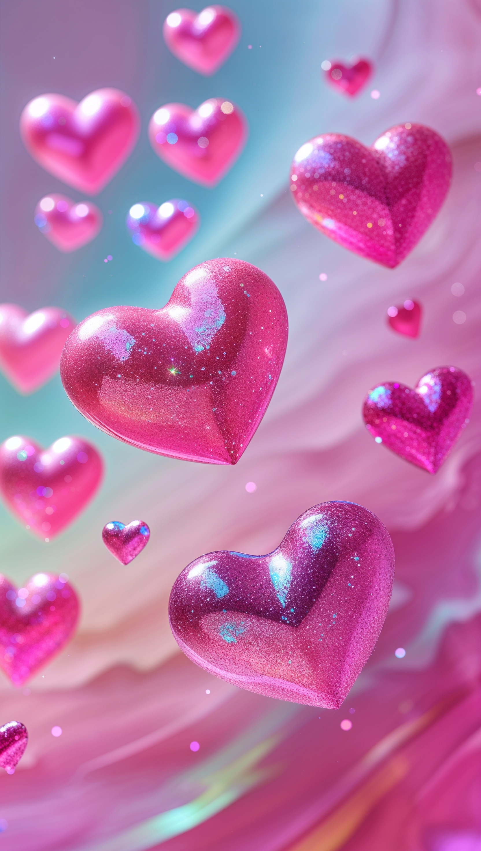Shiny pink glitter heart shapes floating over gradient base