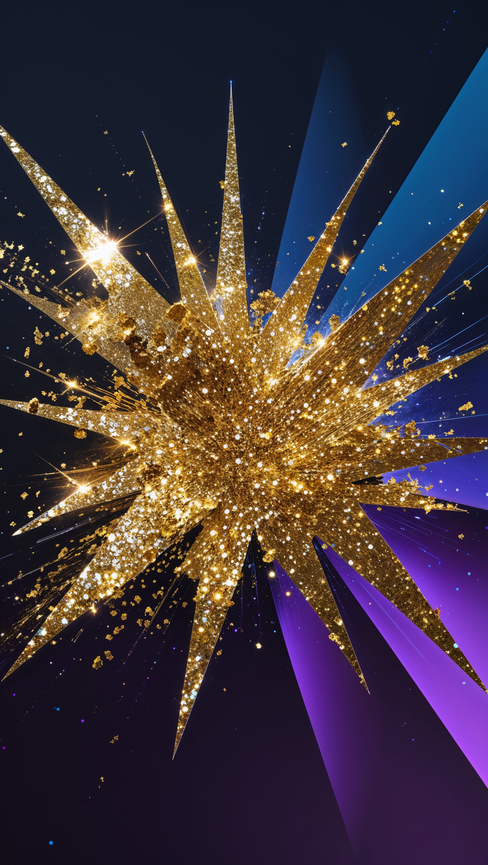 Chrome gold glitter splash with high contrast light bursts