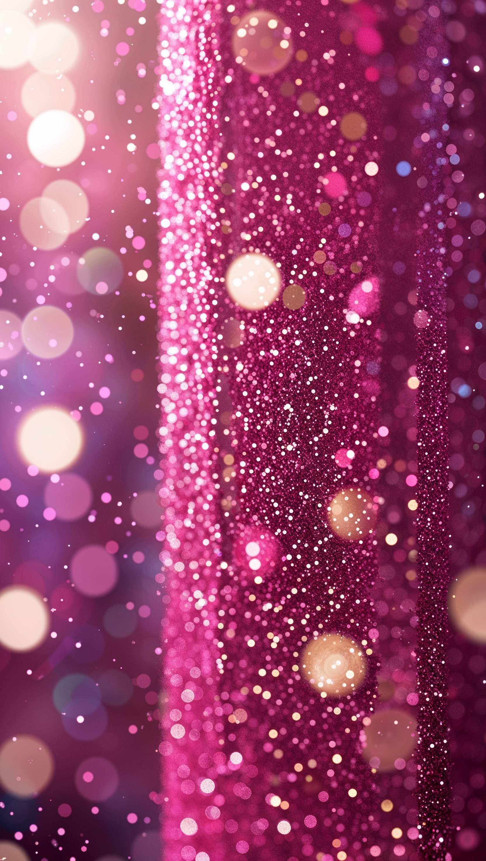 Vertical pink glitter background with bokeh sparkles and light glow