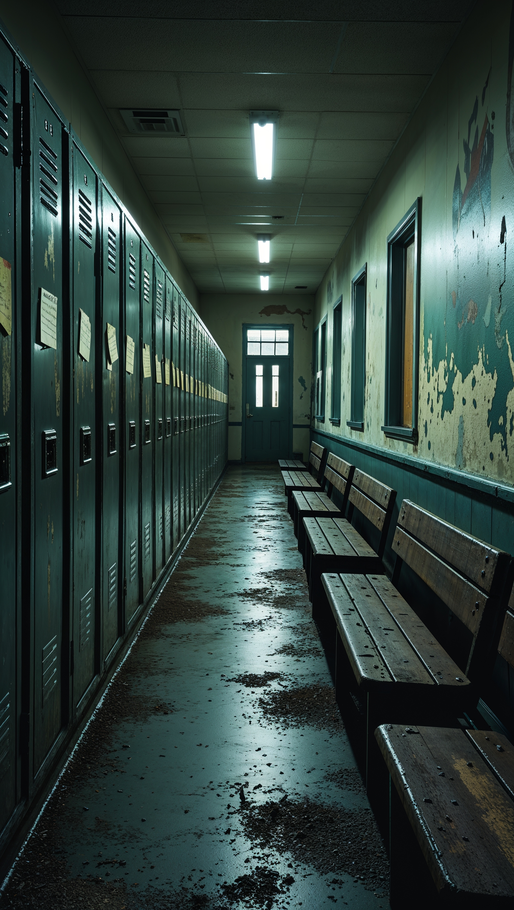 Creepy school hallway with abandoned lockers, eerie silence