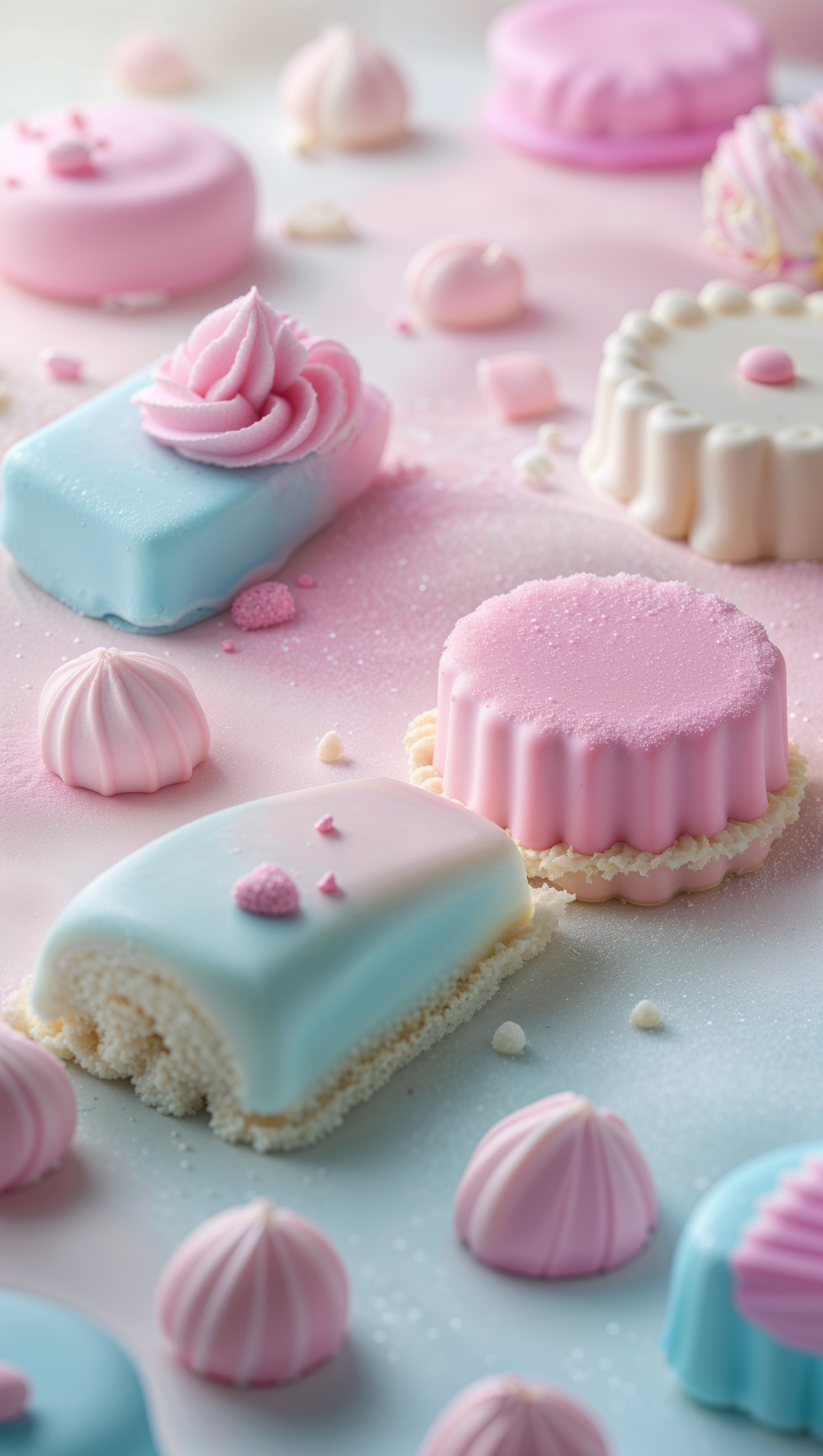 Sweet pastel candy background with soft pinks, baby blues, and creamy tones