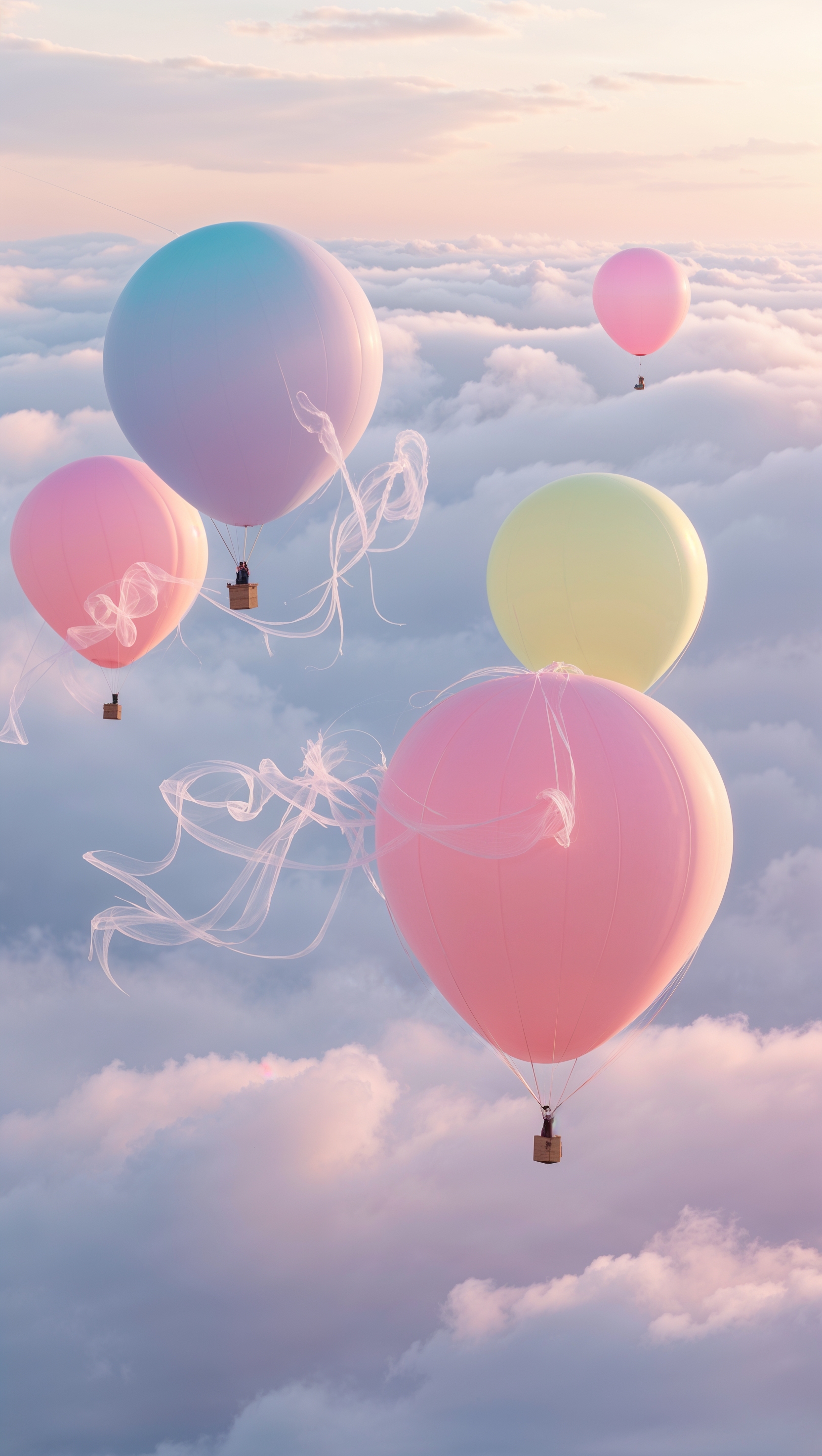 Pastel balloon scene floating in the sky, dreamy and uplifting