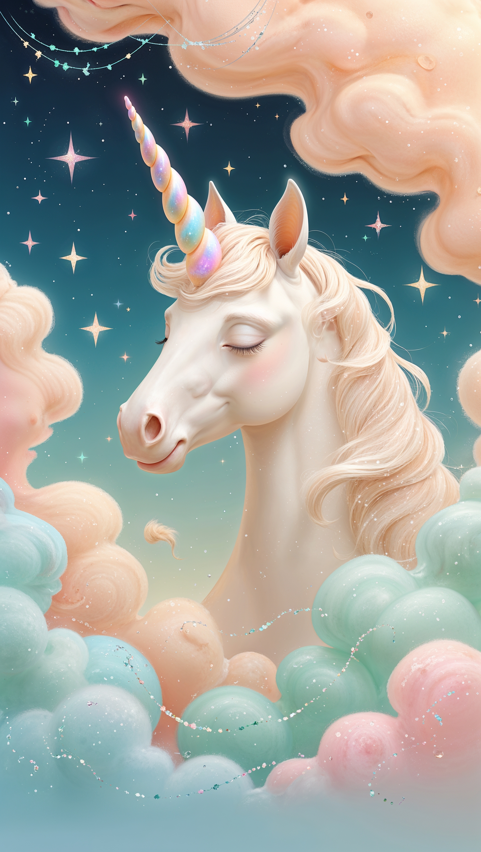 Cute pastel unicorn surrounded by clouds and stars in soft tones