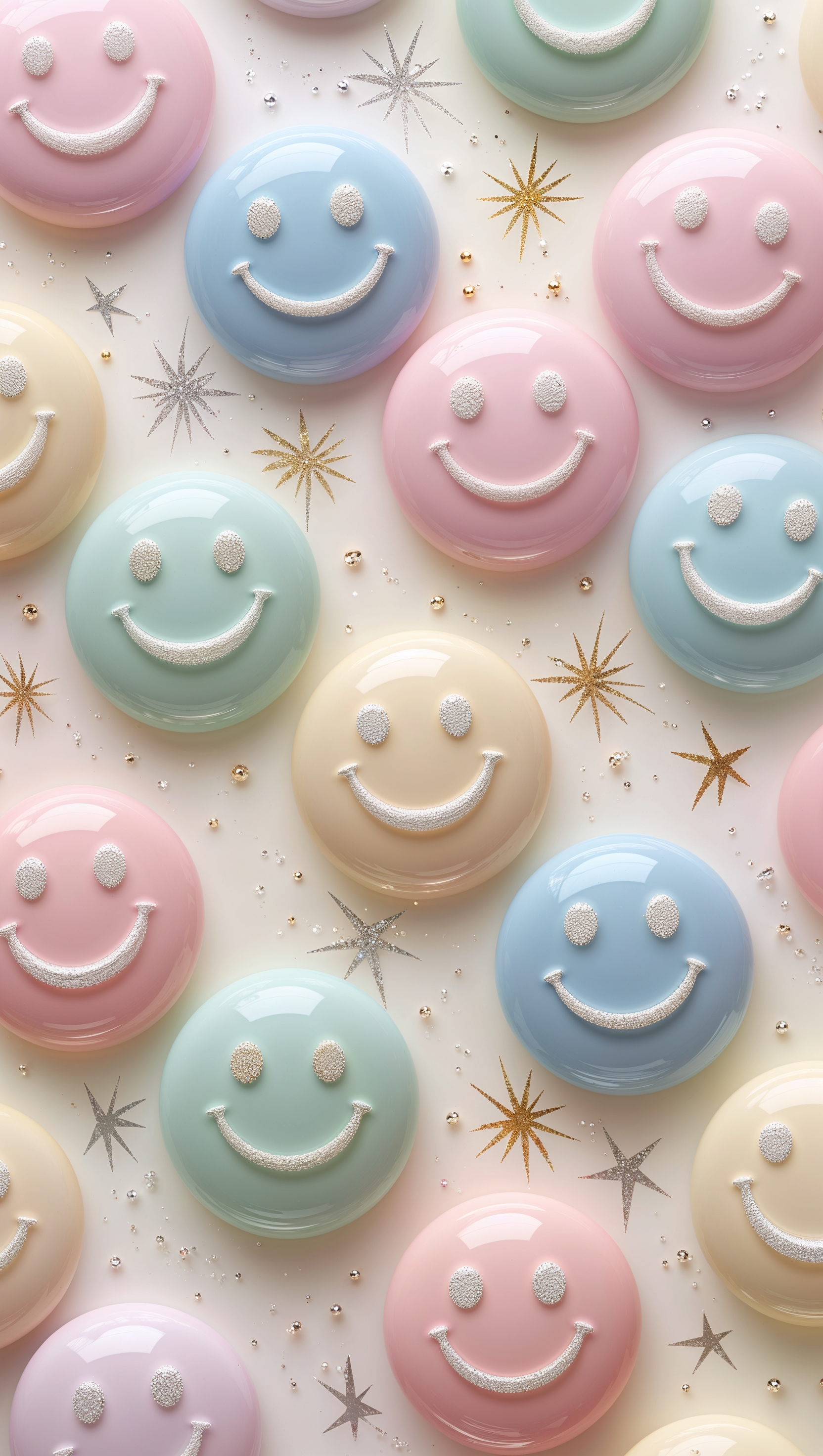 Vertical iPhone wallpaper with pastel smiley faces and sparkles, cute and playful