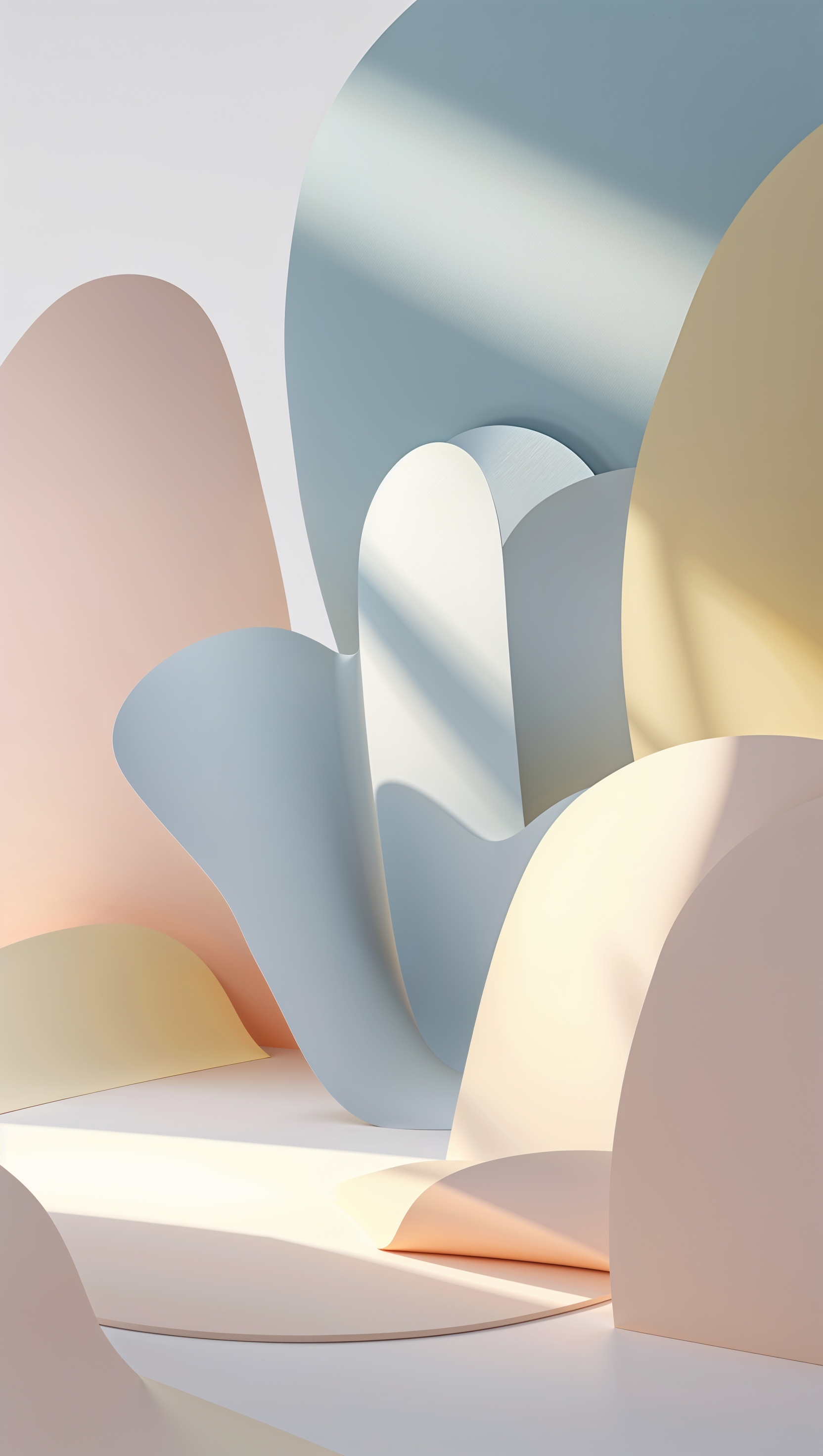 Minimal abstract pastel shapes overlapping with soft shadows, clean iPhone format