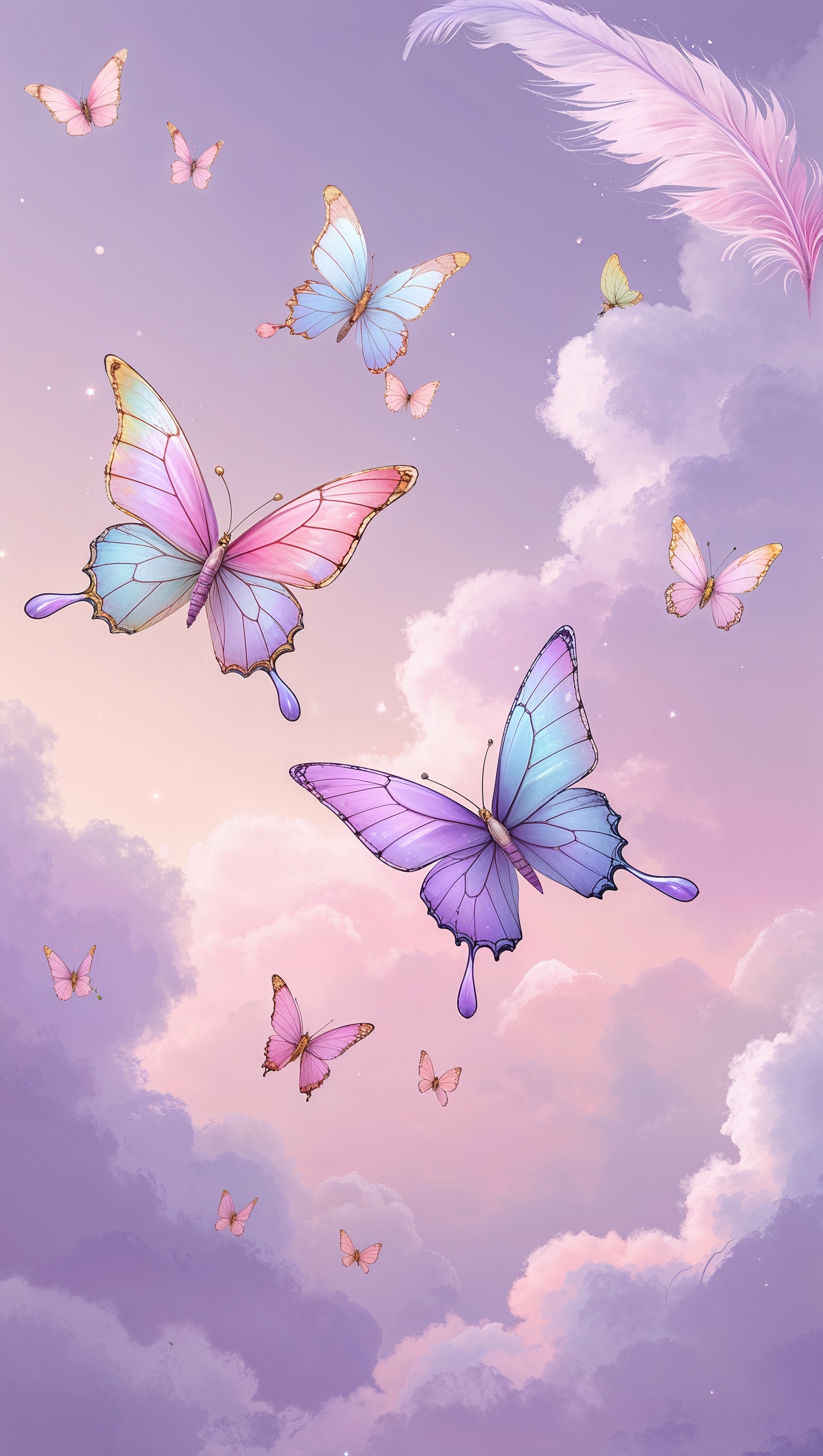 Stylized pastel butterflies floating across soft pink and lavender skies