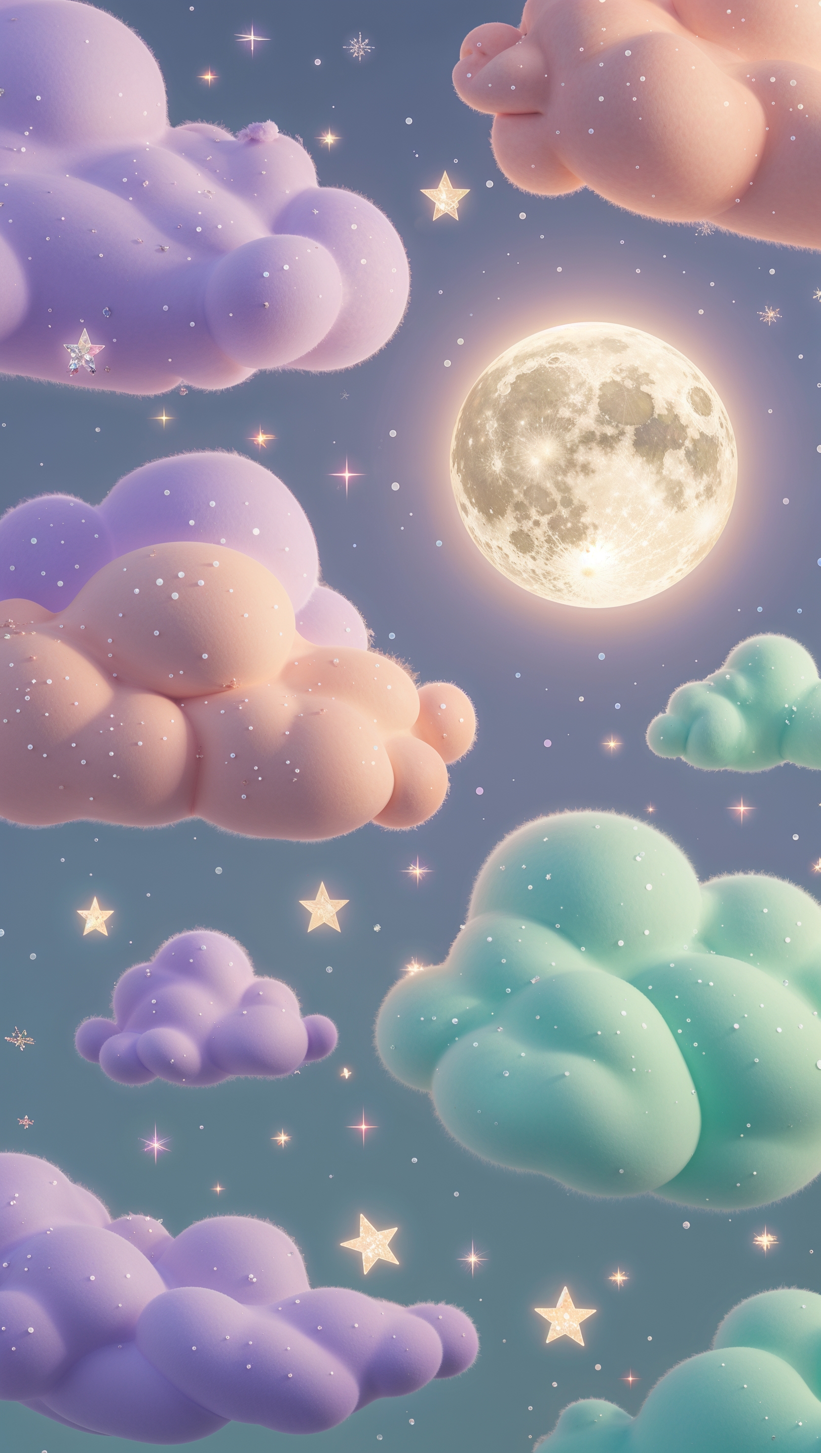 Pastel clouds with stars and glowing moon, celestial dreamy vibe
