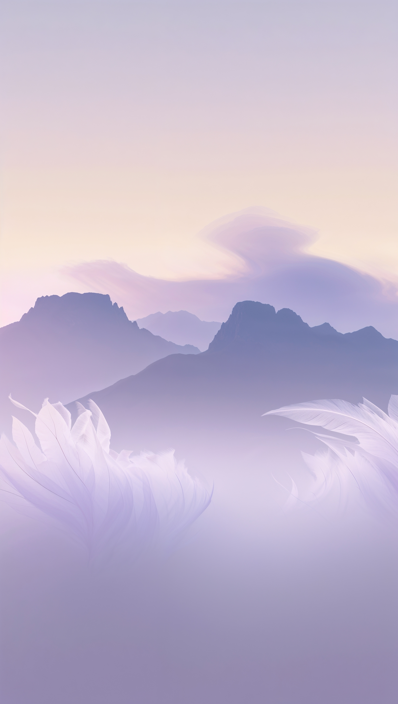 Calm pastel mist over mountain silhouettes, peaceful vertical layout